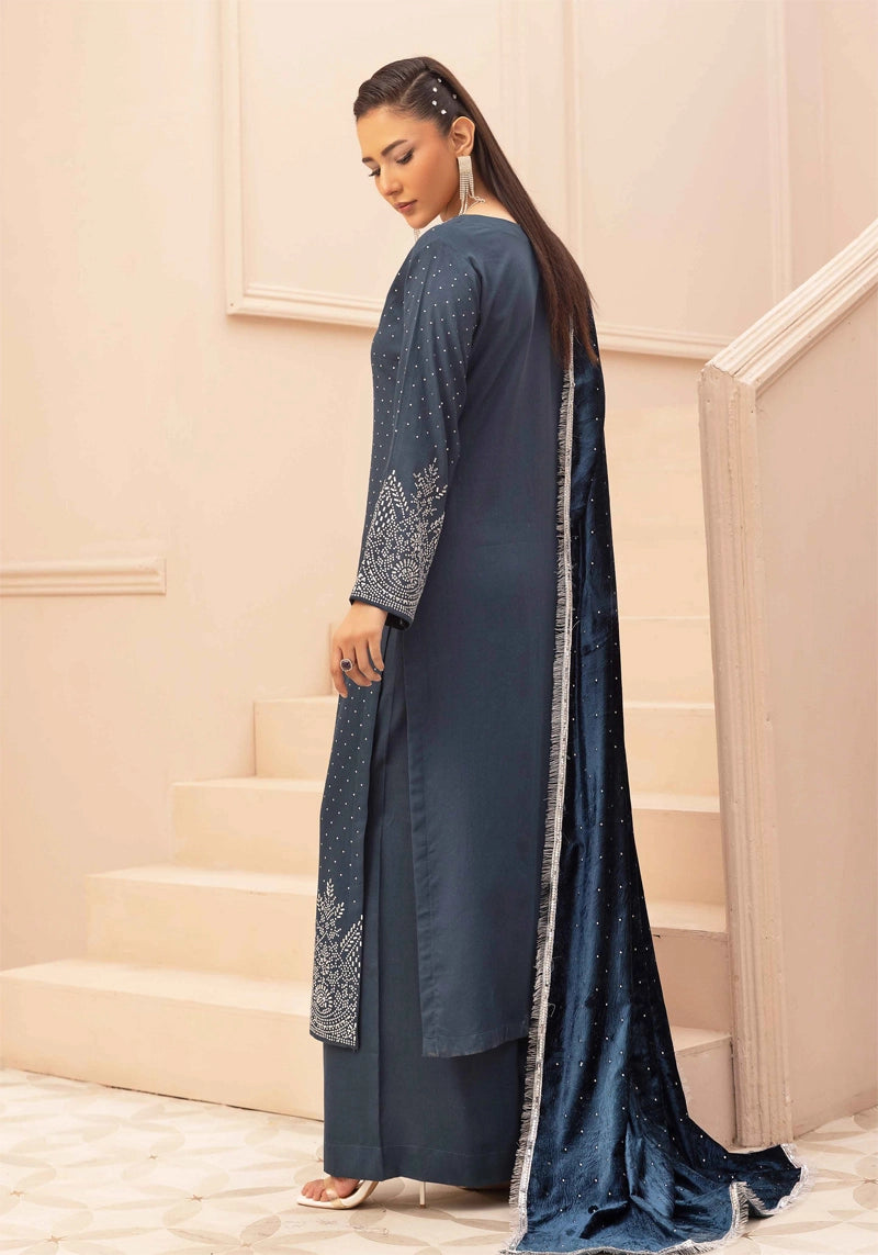 Glamour Dhanak Winter Collection 3 Piece Teal Party Suit with Velvet Shawl