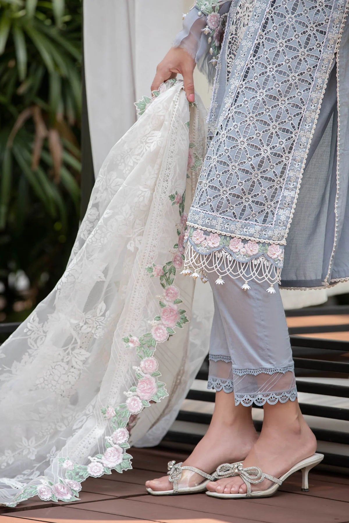 Maria B Inspired Embroidered Ice Blue 3 Piece Outfit With Net Dupatta - Desi Posh
