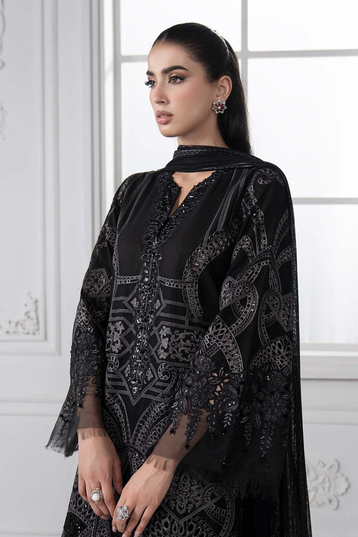 Maria B D-2512-B Inspired Chikan Embroidered 3 Piece Outfit With Net Dupatta - Desi Posh