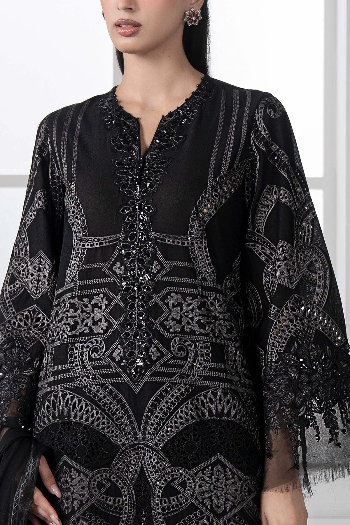 Maria B D-2512-B Inspired Chikan Embroidered 3 Piece Outfit With Net Dupatta - Desi Posh