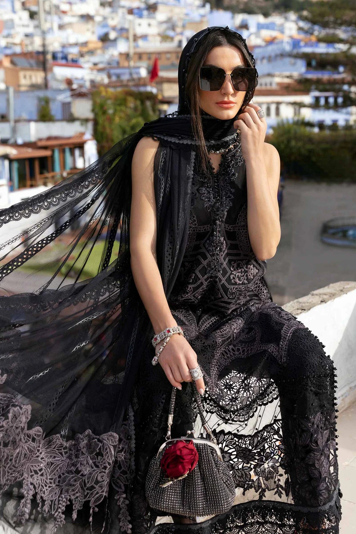 Maria B D-2512-B Inspired Chikan Embroidered 3 Piece Outfit With Net Dupatta - Desi Posh