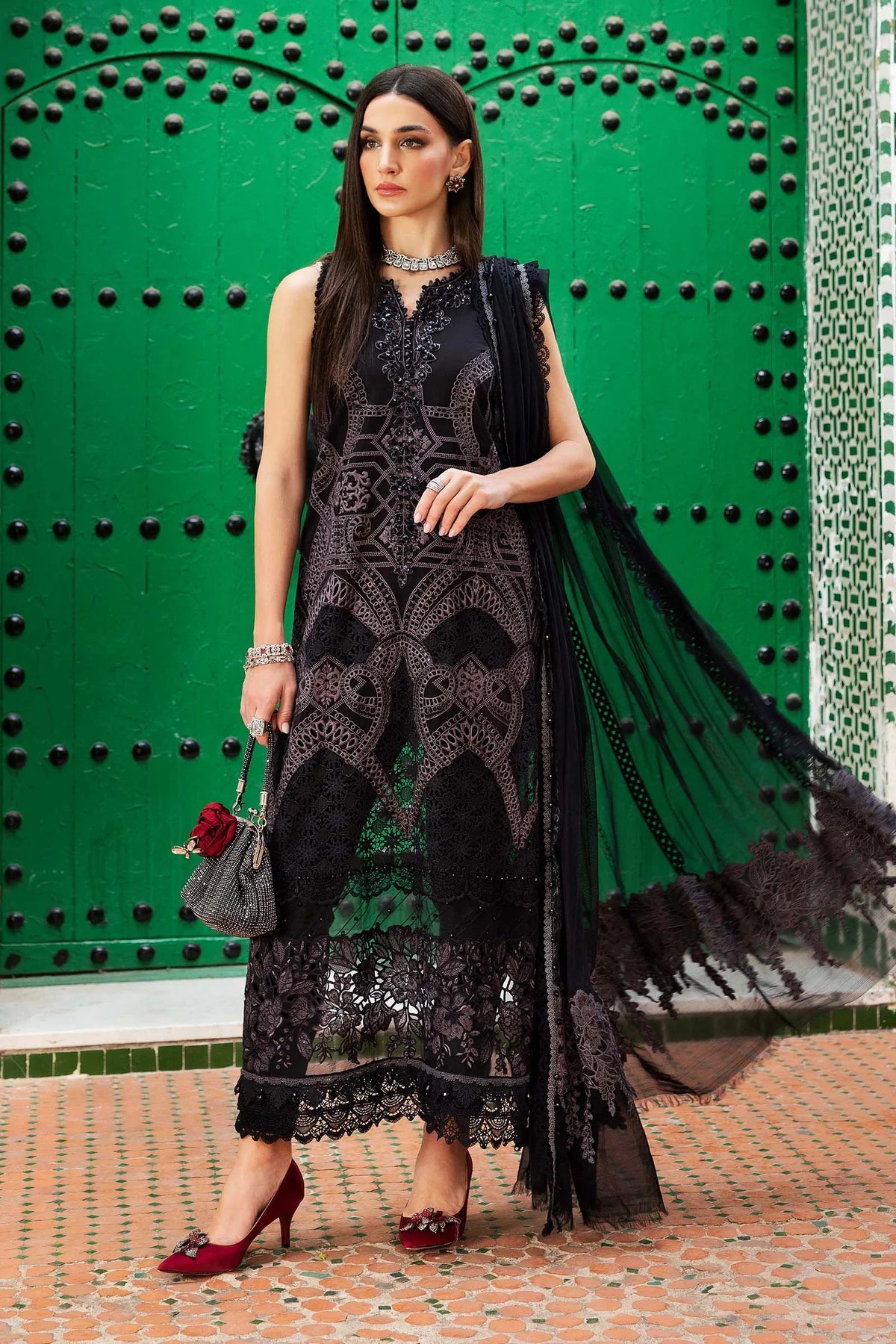 Maria B D-2512-B Inspired Chikan Embroidered 3 Piece Outfit With Net Dupatta - Desi Posh