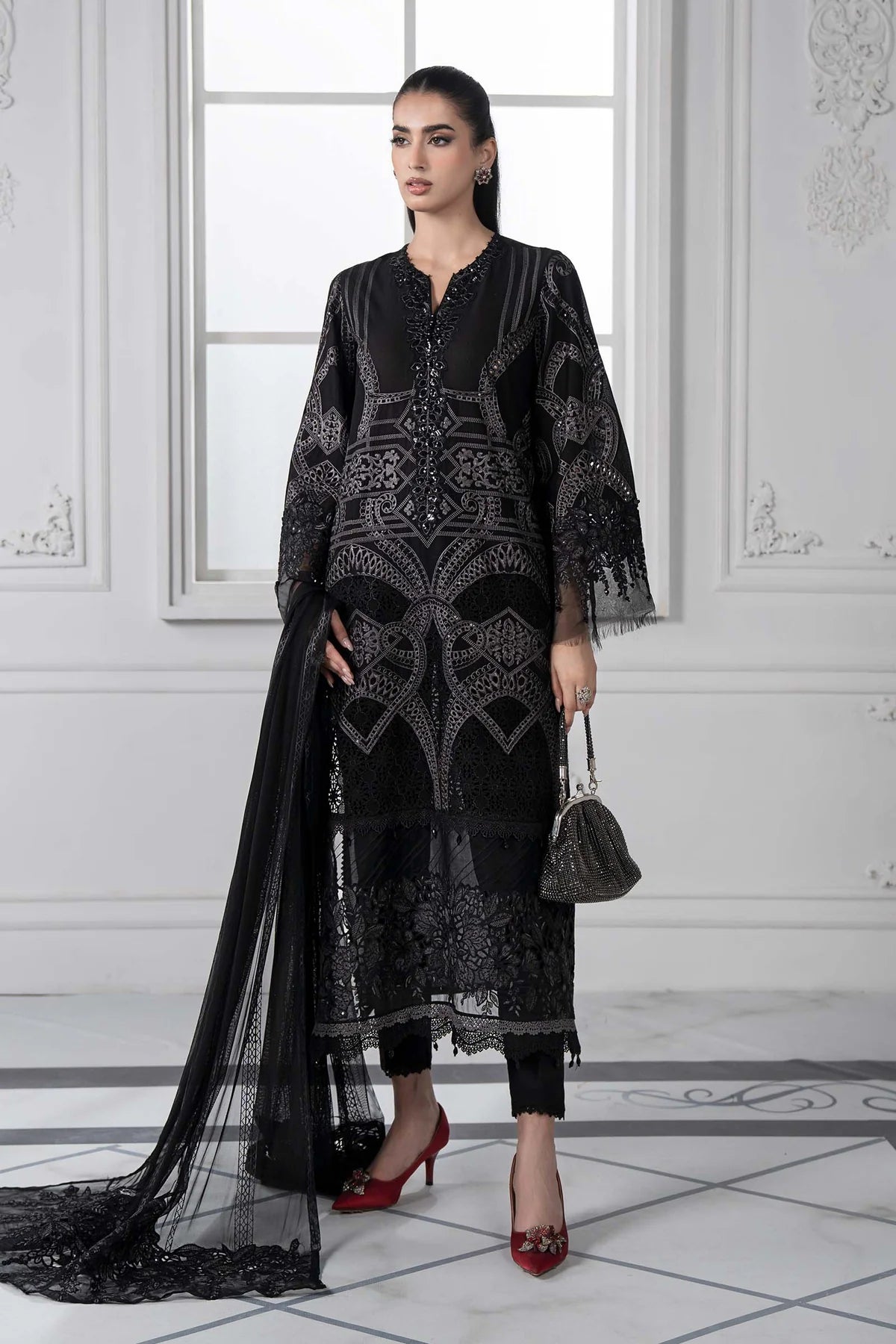 Maria B D-2512-B Inspired Chikan Embroidered 3 Piece Outfit With Net Dupatta - Desi Posh
