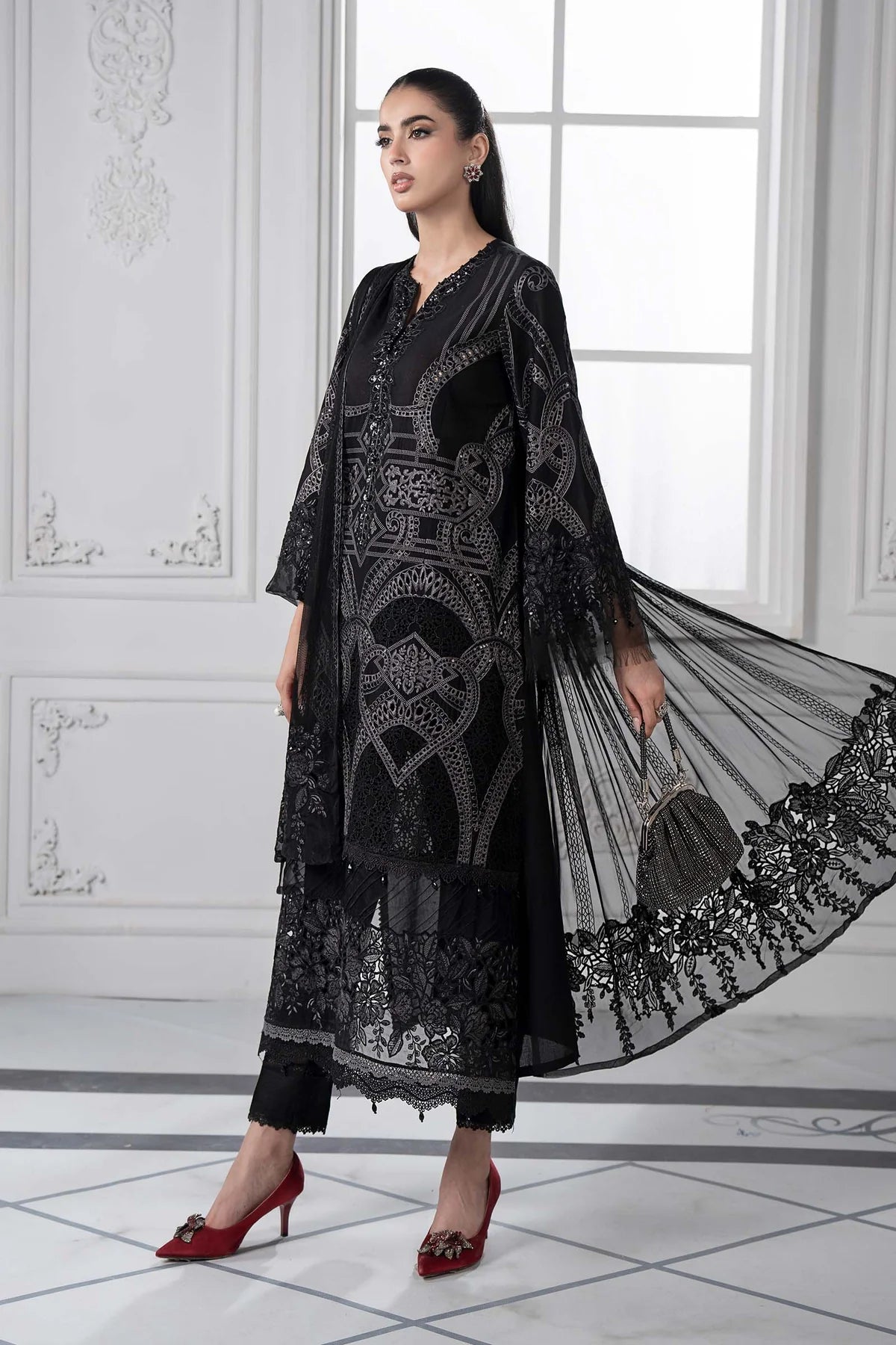 Maria B D-2512-B Inspired Chikan Embroidered 3 Piece Outfit With Net Dupatta - Desi Posh