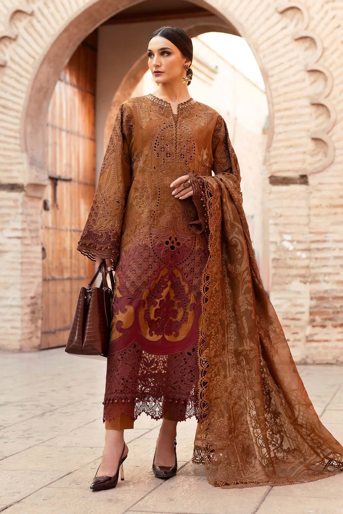 Maria B D-2501-B Inspired Chikan Embroidered 3 Piece Outfit With Net Dupatta