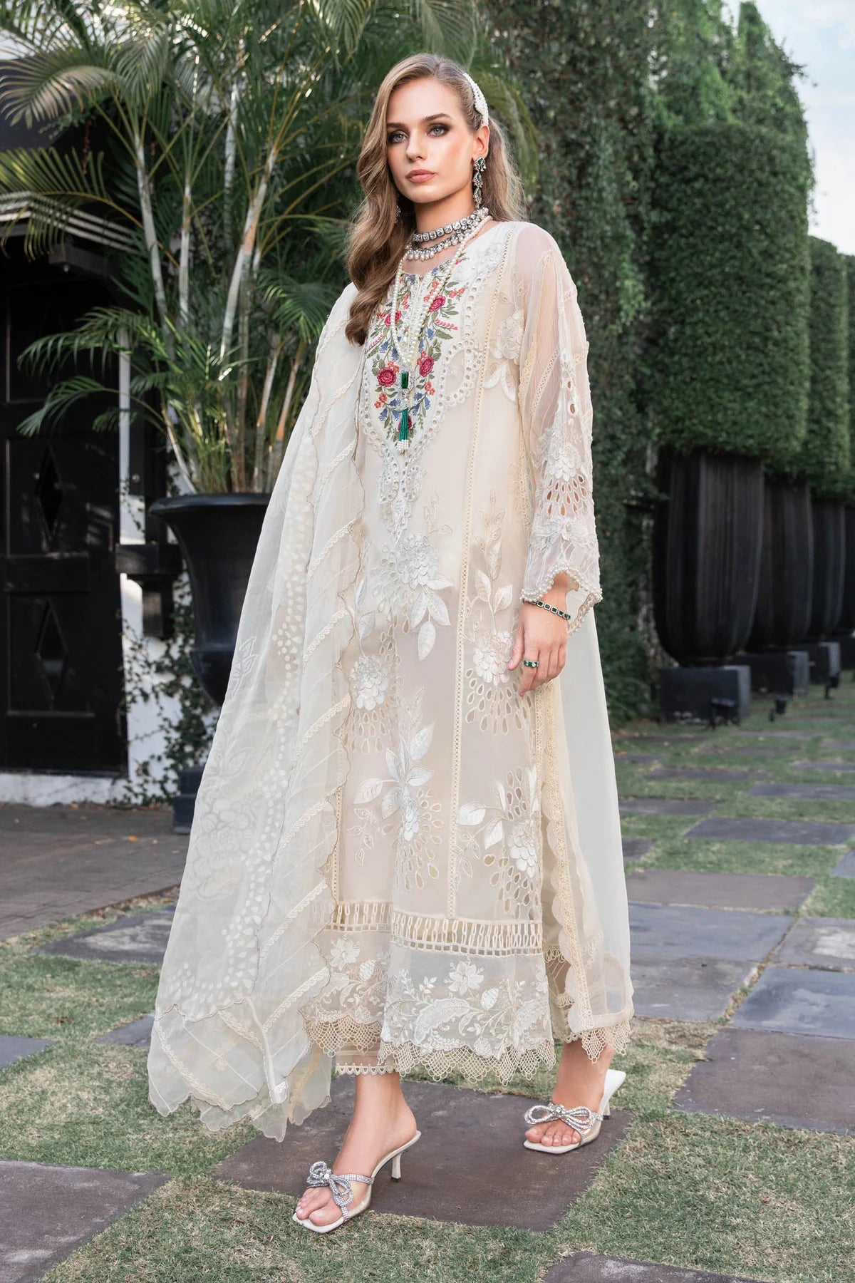 Maria B Inspired Embroidered Organza Light Beige 3 Piece Outfit - Desi Posh