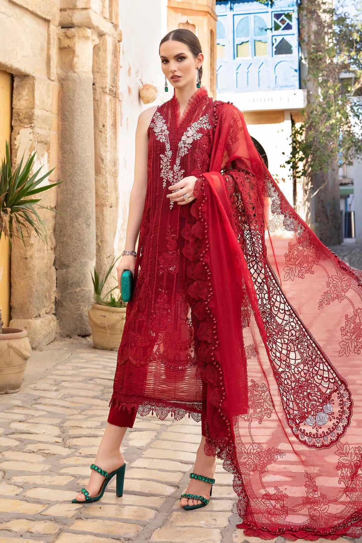 Maria B Inspired Chikan Embroidered Red 3 Piece Outfit With Net Dupatta - Desi Posh