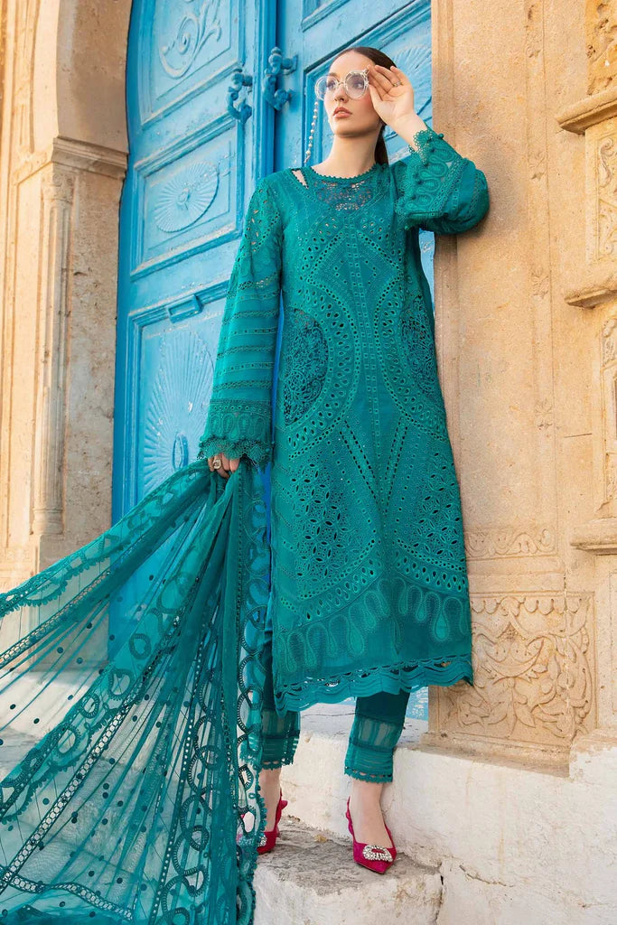 Maria B Inspired Chikan Embroidered Teal 3 Piece Outfit With Net Dupatta - Desi Posh