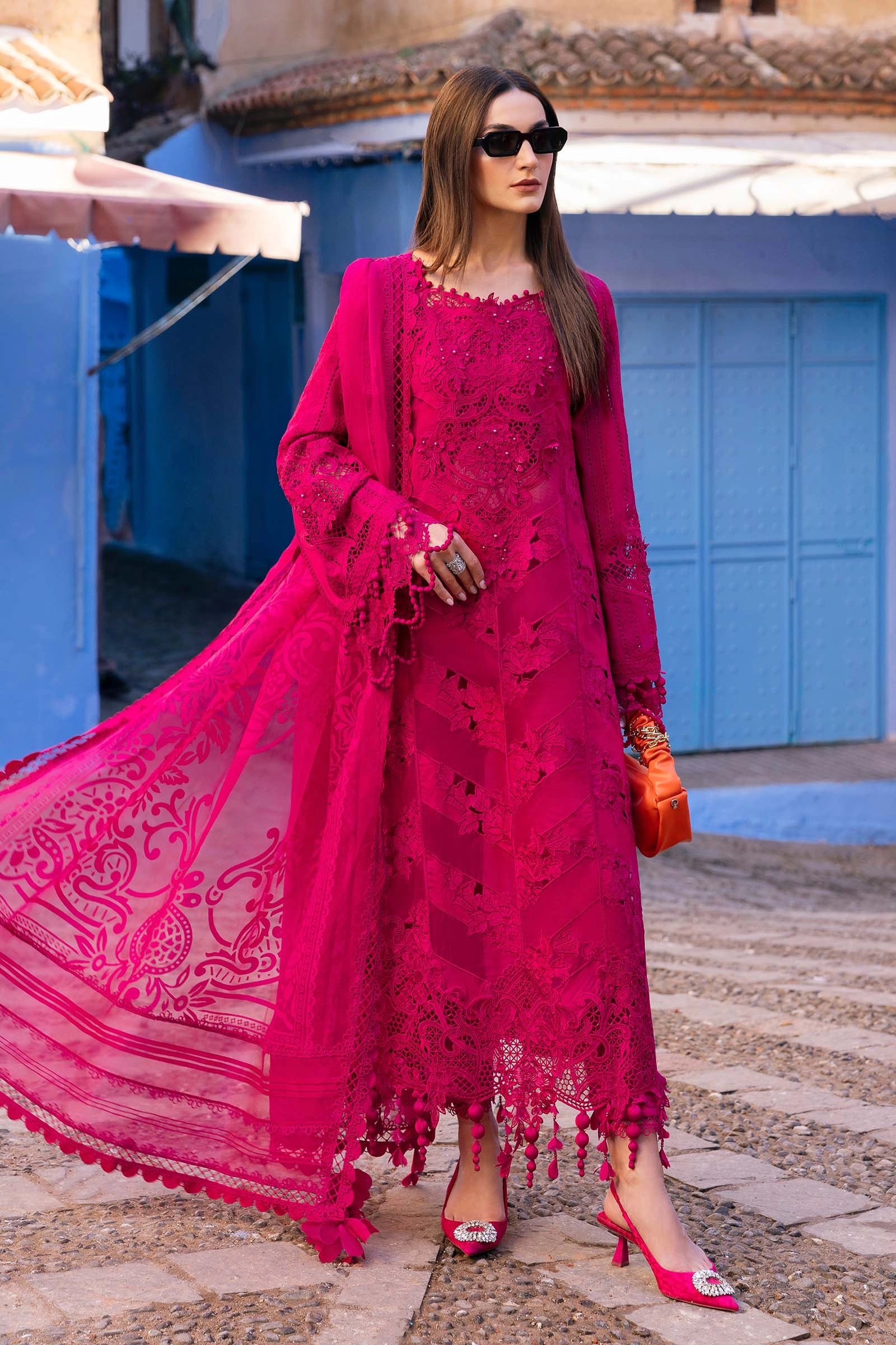 Maria B D-2508-A Inspired Chikan Embroidered 3 Piece Outfit With Net Dupatta