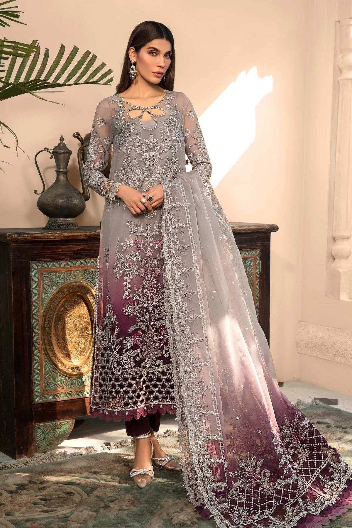 Maria B Inspired Mbroidered Plum 3 Piece Wedding Outfit - Desi Posh
