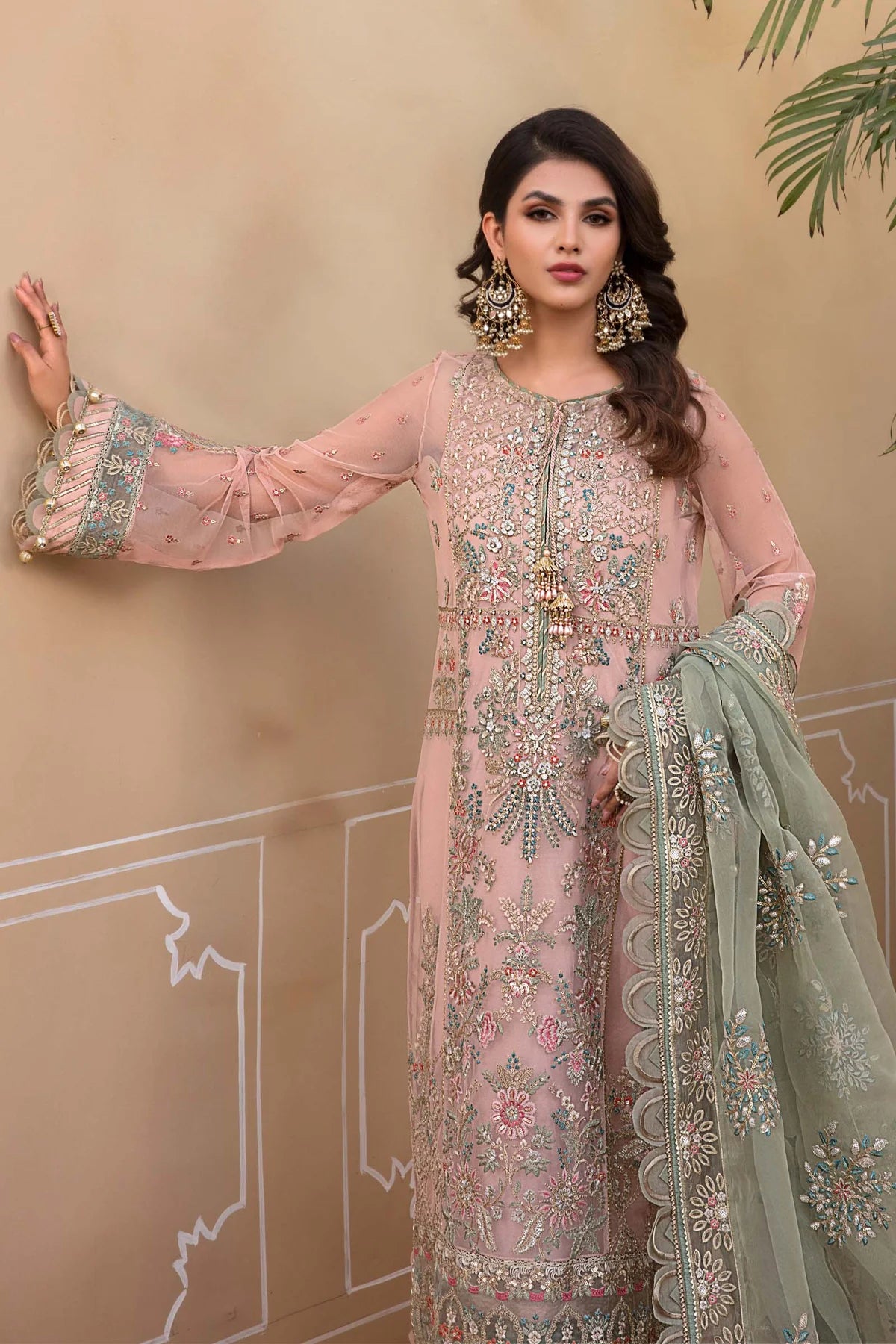 Maria B Inspired Mbroidered Peach 3 Piece Wedding Outfit - Desi Posh