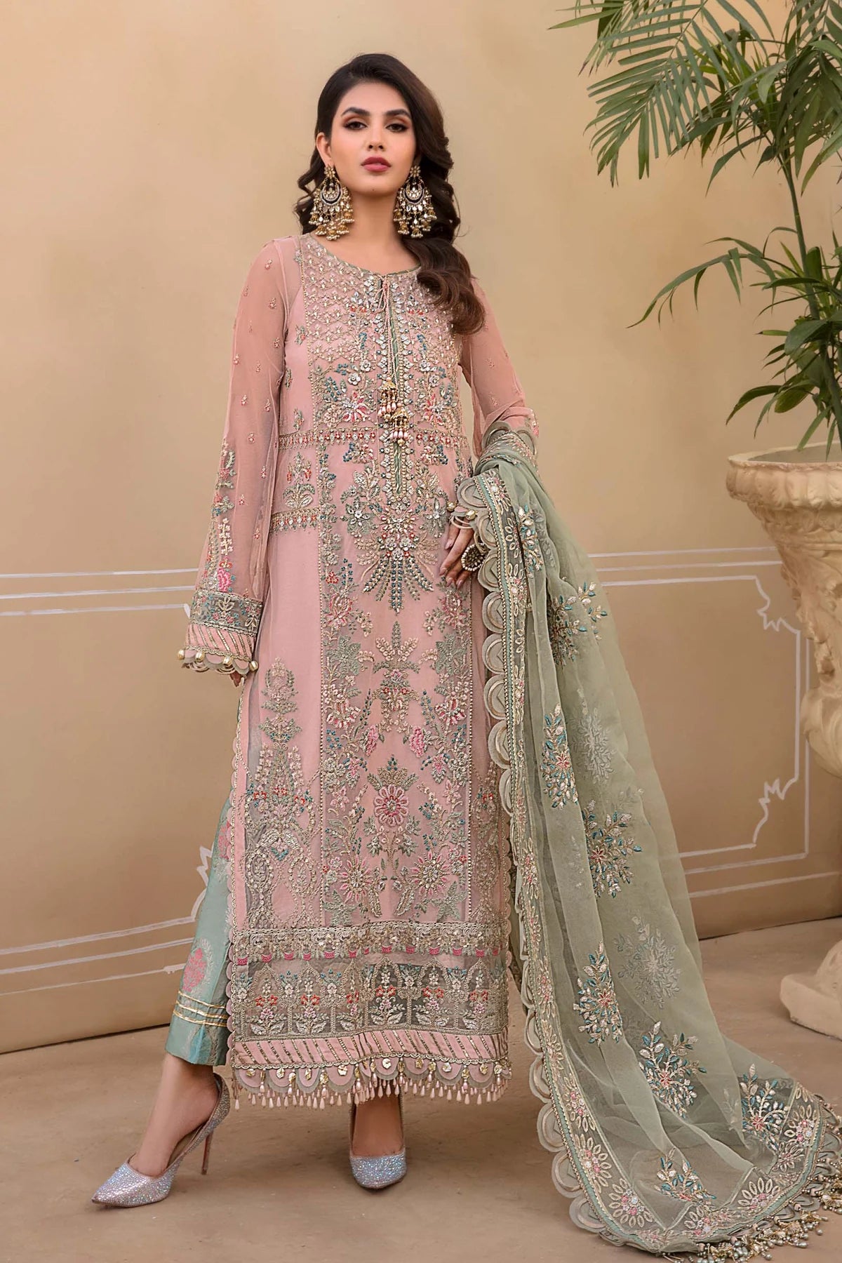 Maria B Inspired Mbroidered Peach 3 Piece Wedding Outfit - Desi Posh