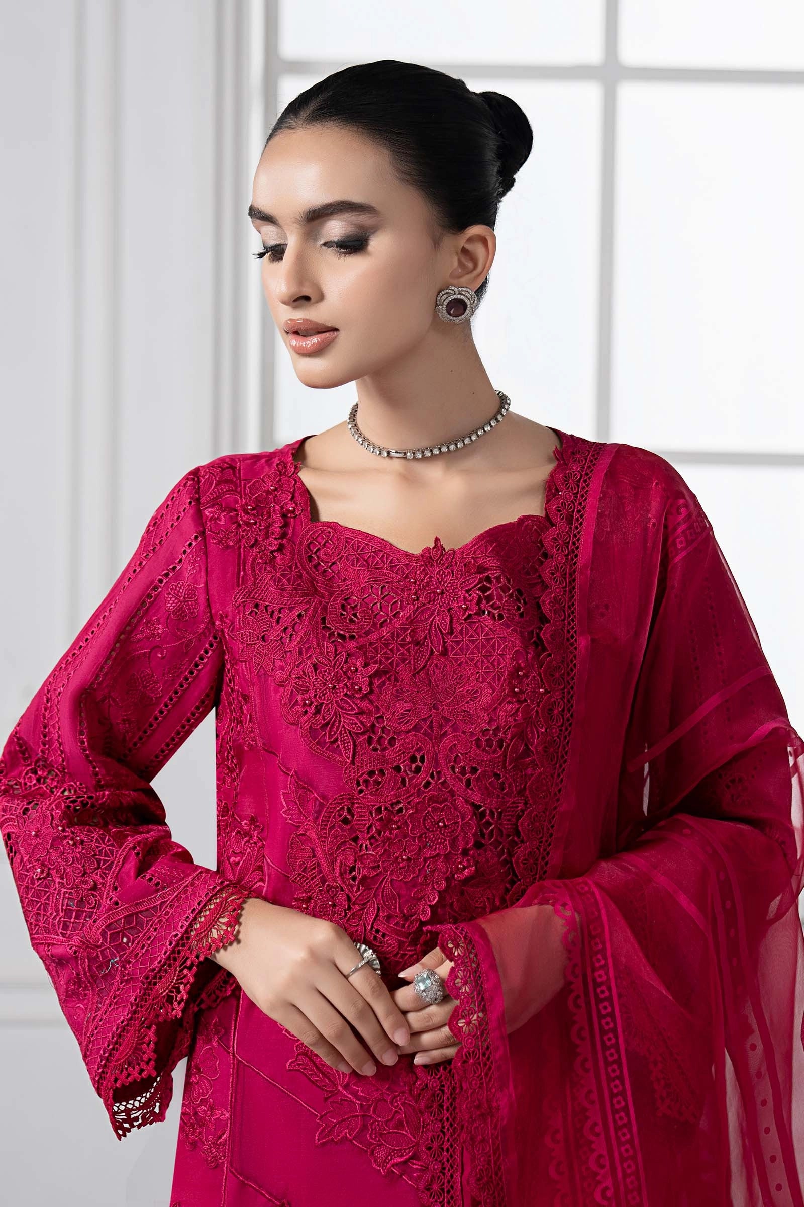 Maria B D-2508-A Inspired Chikan Embroidered 3 Piece Outfit With Net Dupatta