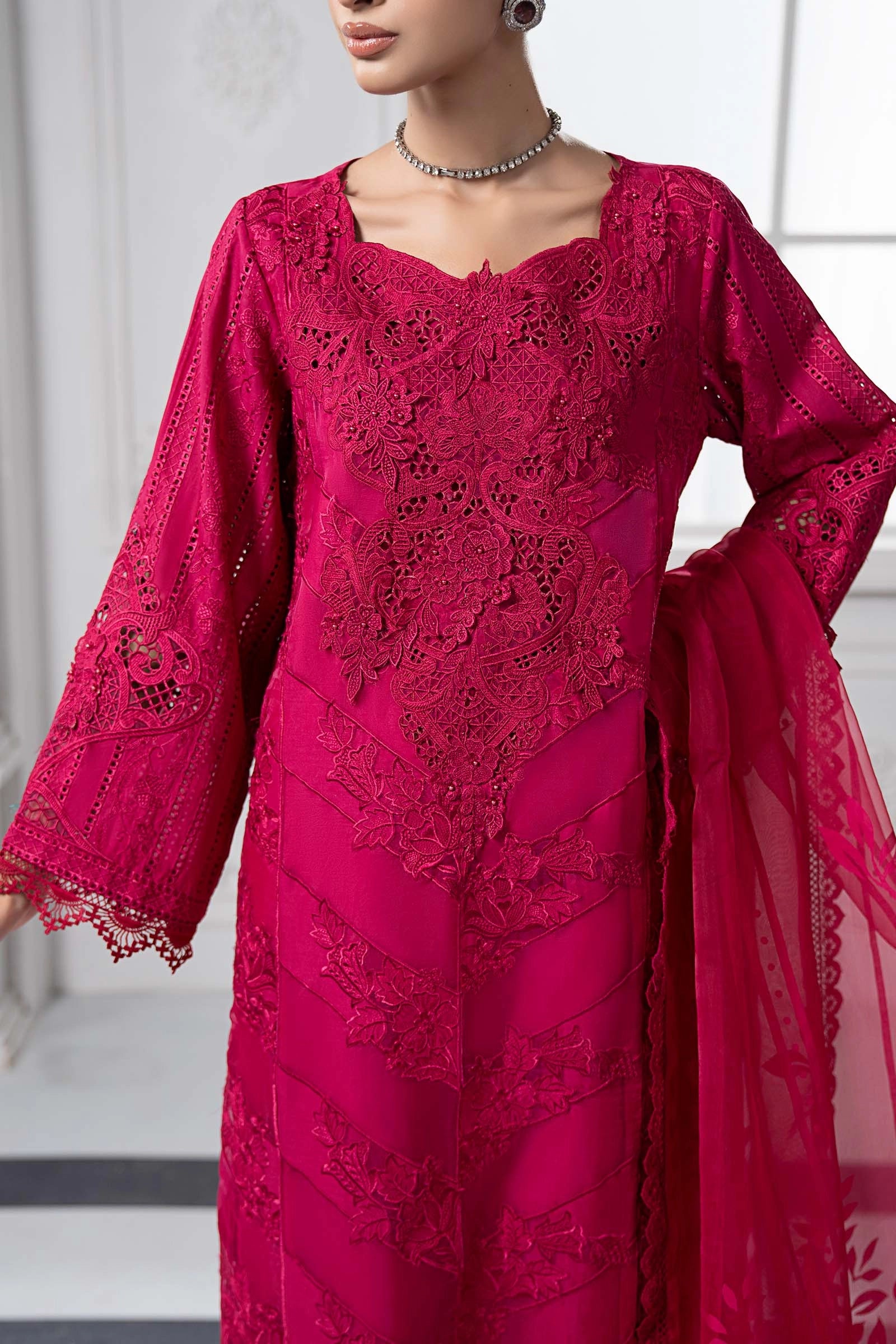 Maria B D-2508-A Inspired Chikan Embroidered 3 Piece Outfit With Net Dupatta