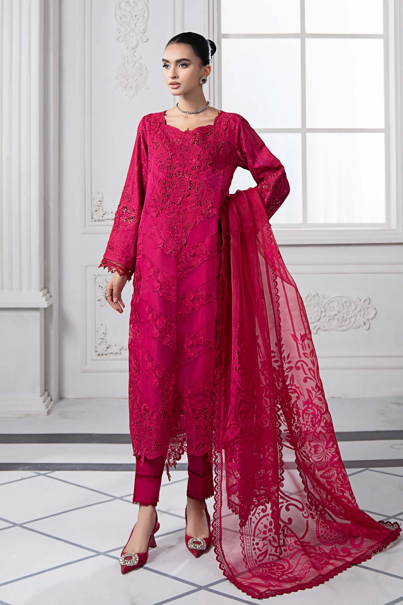 Maria B D-2508-A Inspired Chikan Embroidered 3 Piece Outfit With Net Dupatta