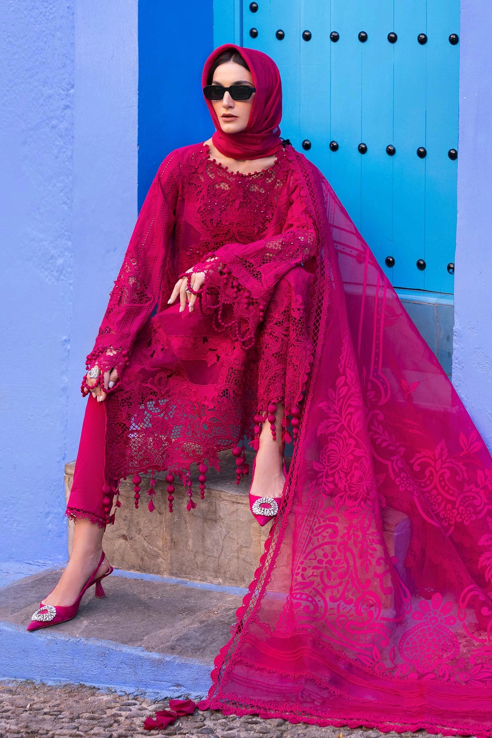 Maria B D-2508-A Inspired Chikan Embroidered 3 Piece Outfit With Net Dupatta