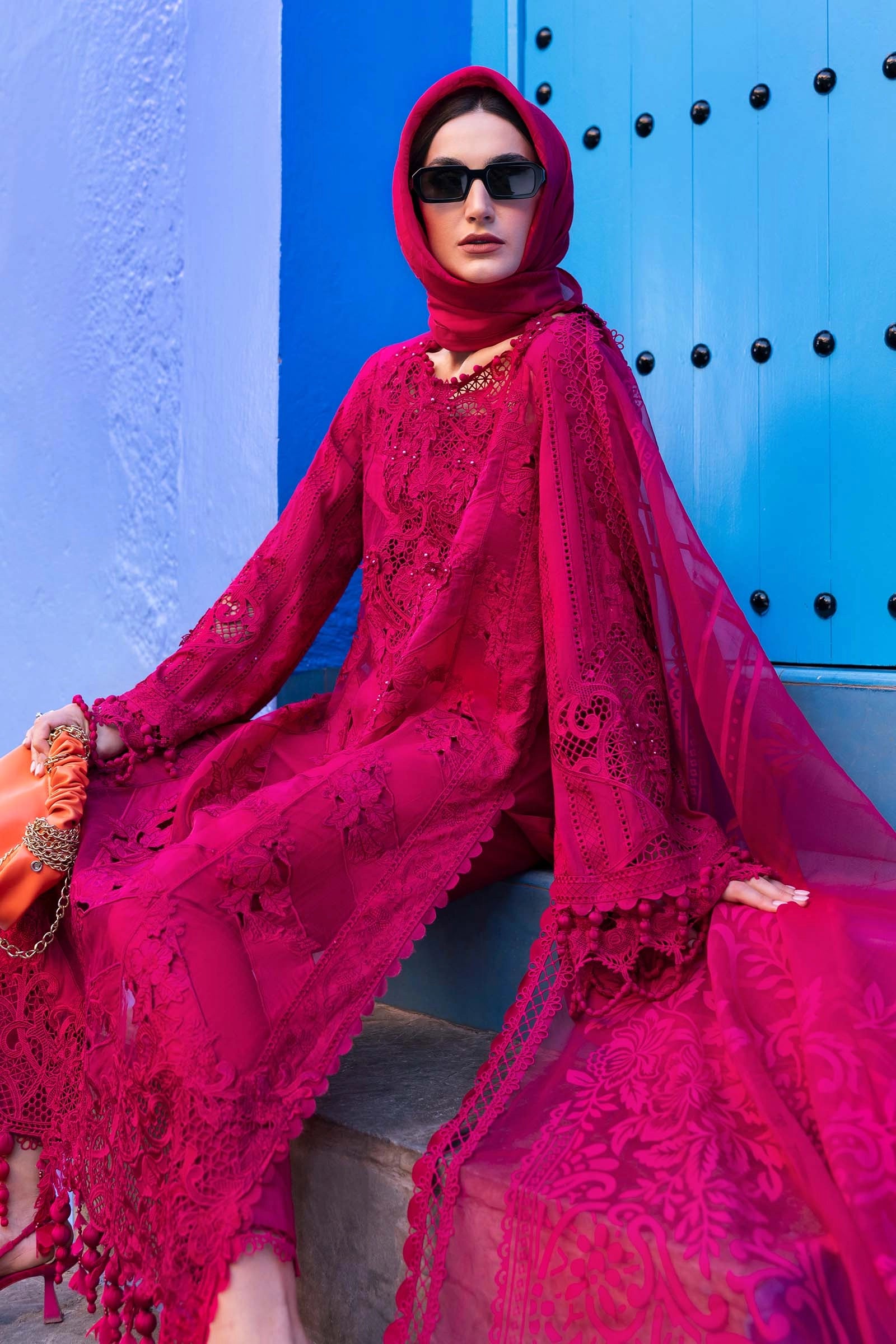 Maria B D-2508-A Inspired Chikan Embroidered 3 Piece Outfit With Net Dupatta