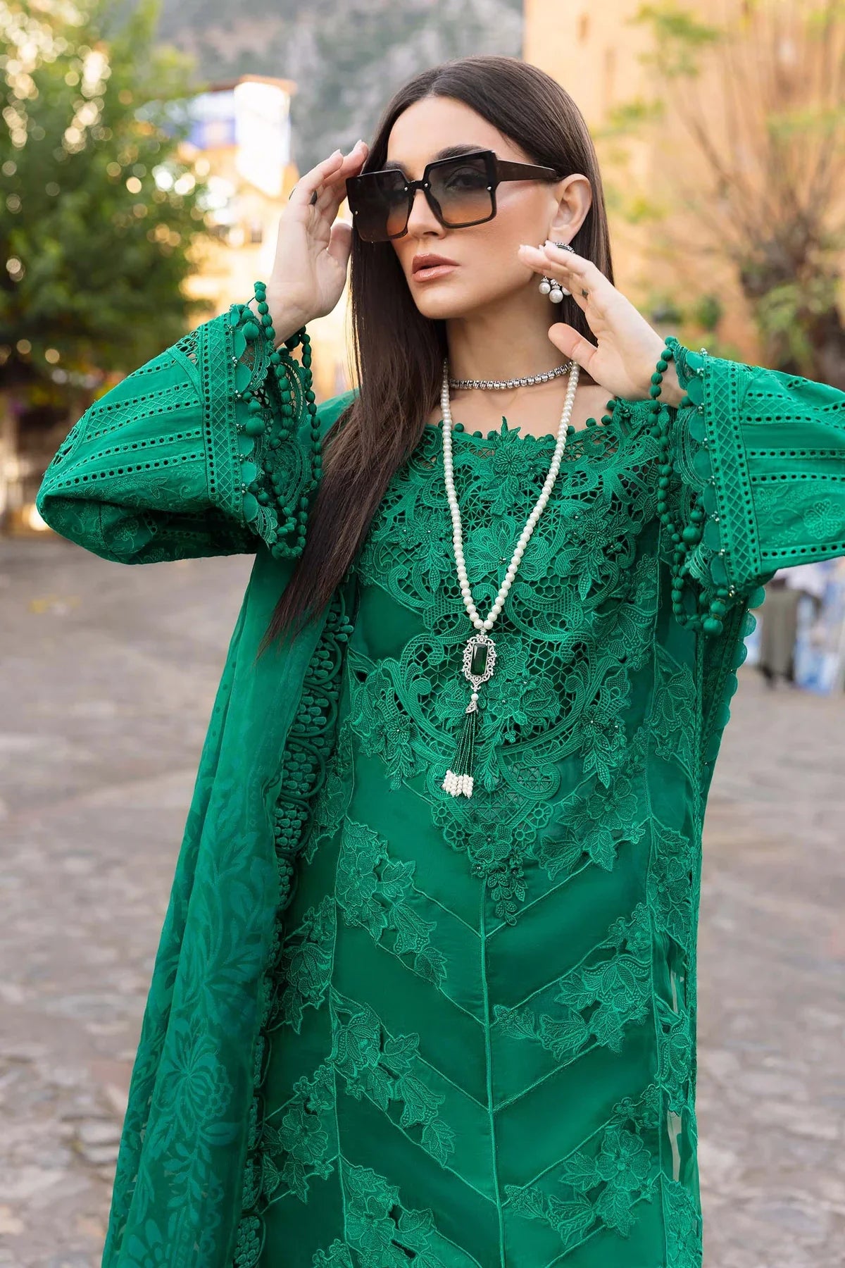 Maria B D-2508-B Inspired Chikan Embroidered 3 Piece Outfit With Net Dupatta - Desi Posh