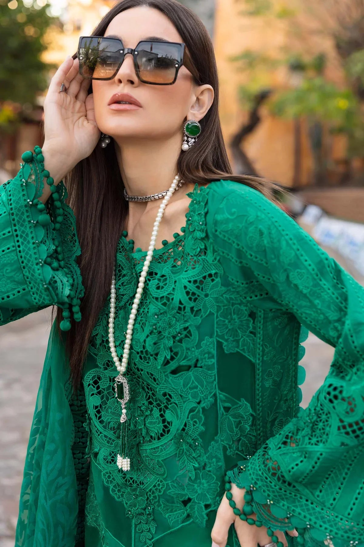 Maria B D-2508-B Inspired Chikan Embroidered 3 Piece Outfit With Net Dupatta - Desi Posh