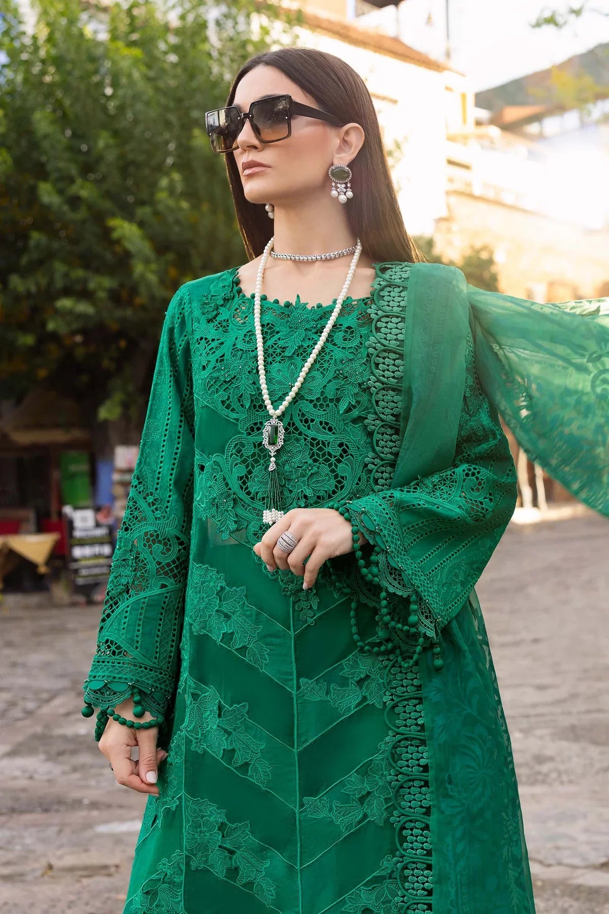 Maria B D-2508-B Inspired Chikan Embroidered 3 Piece Outfit With Net Dupatta - Desi Posh