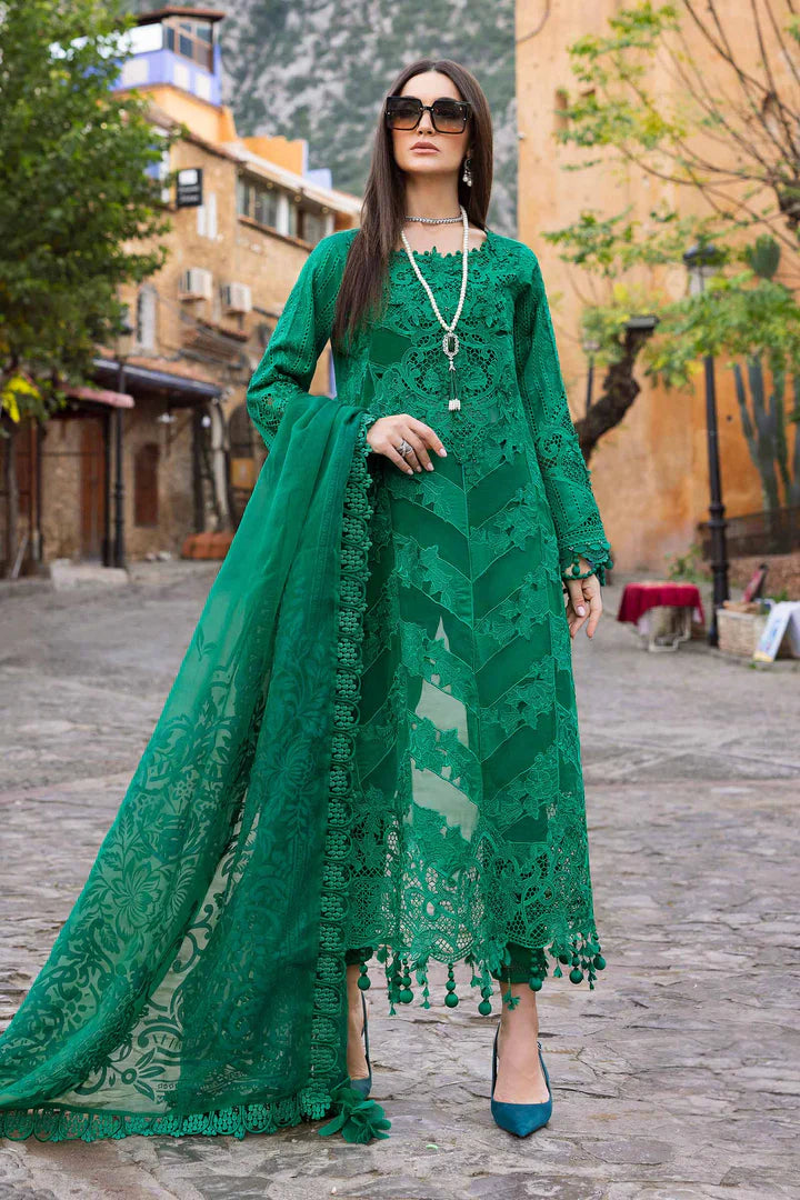 Maria B D-2508-B Inspired Chikan Embroidered 3 Piece Outfit With Net Dupatta - Desi Posh