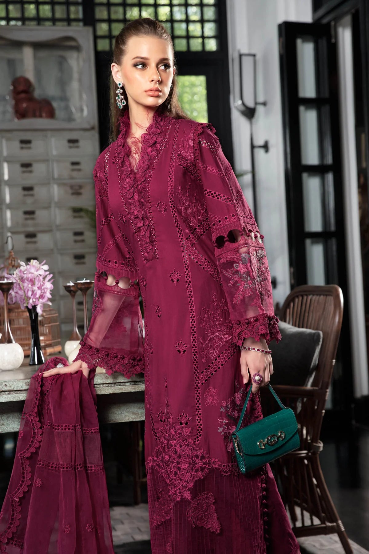 Maria B Inspired Mbroidered Magenta 3 Piece Wedding Outfit - Desi Posh