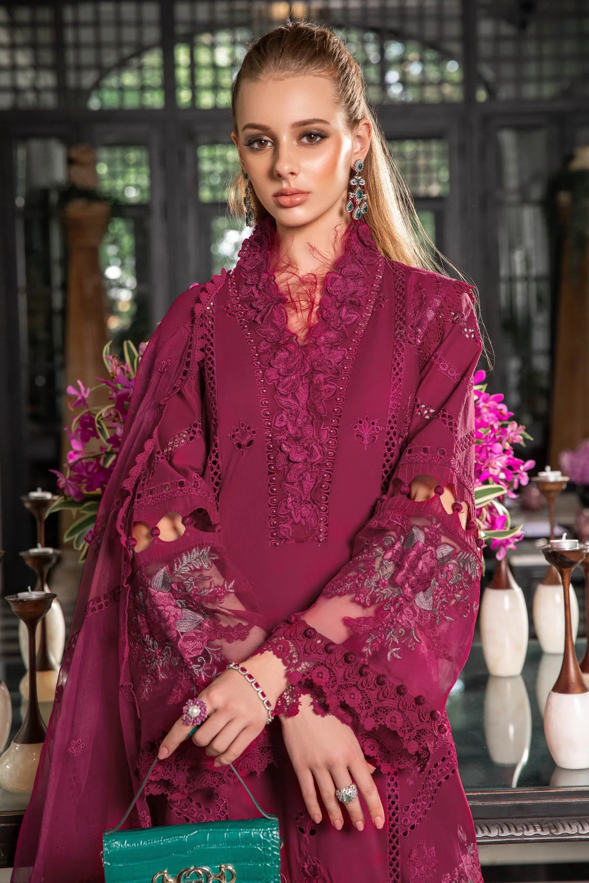 Maria B Inspired Mbroidered Magenta 3 Piece Wedding Outfit - Desi Posh