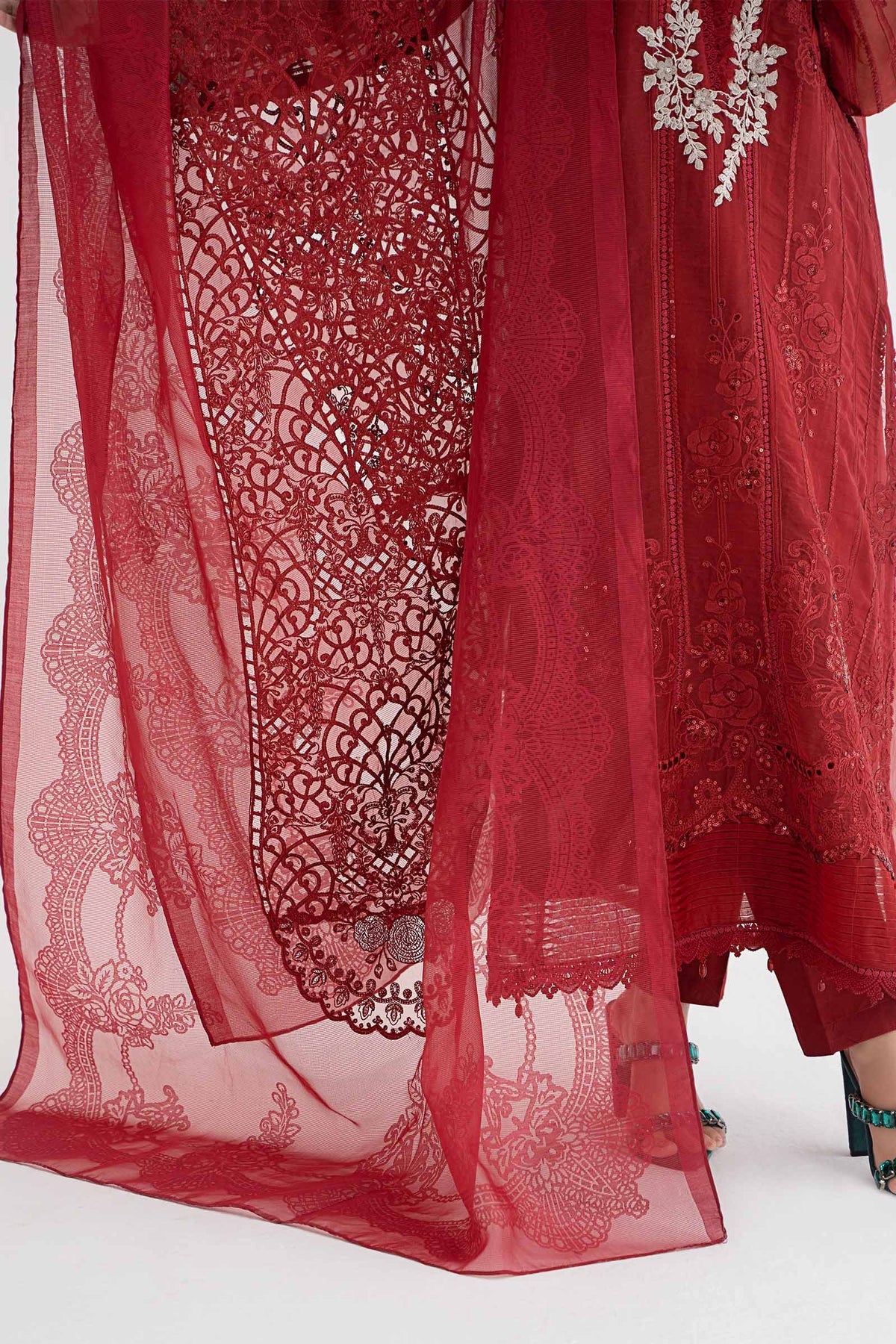 Maria B Inspired Chikan Embroidered Red 3 Piece Outfit With Net Dupatta - Desi Posh