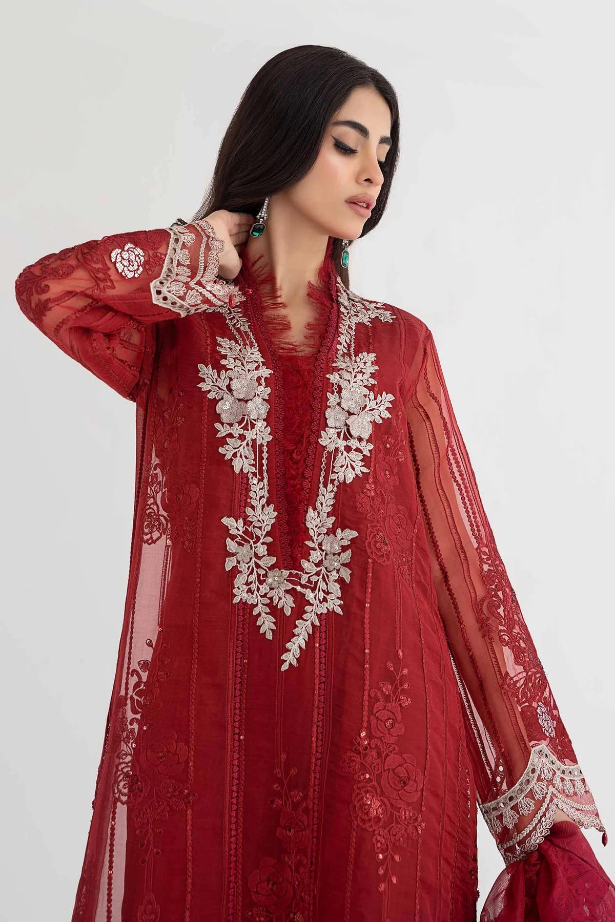 Maria B Inspired Chikan Embroidered Red 3 Piece Outfit With Net Dupatta - Desi Posh