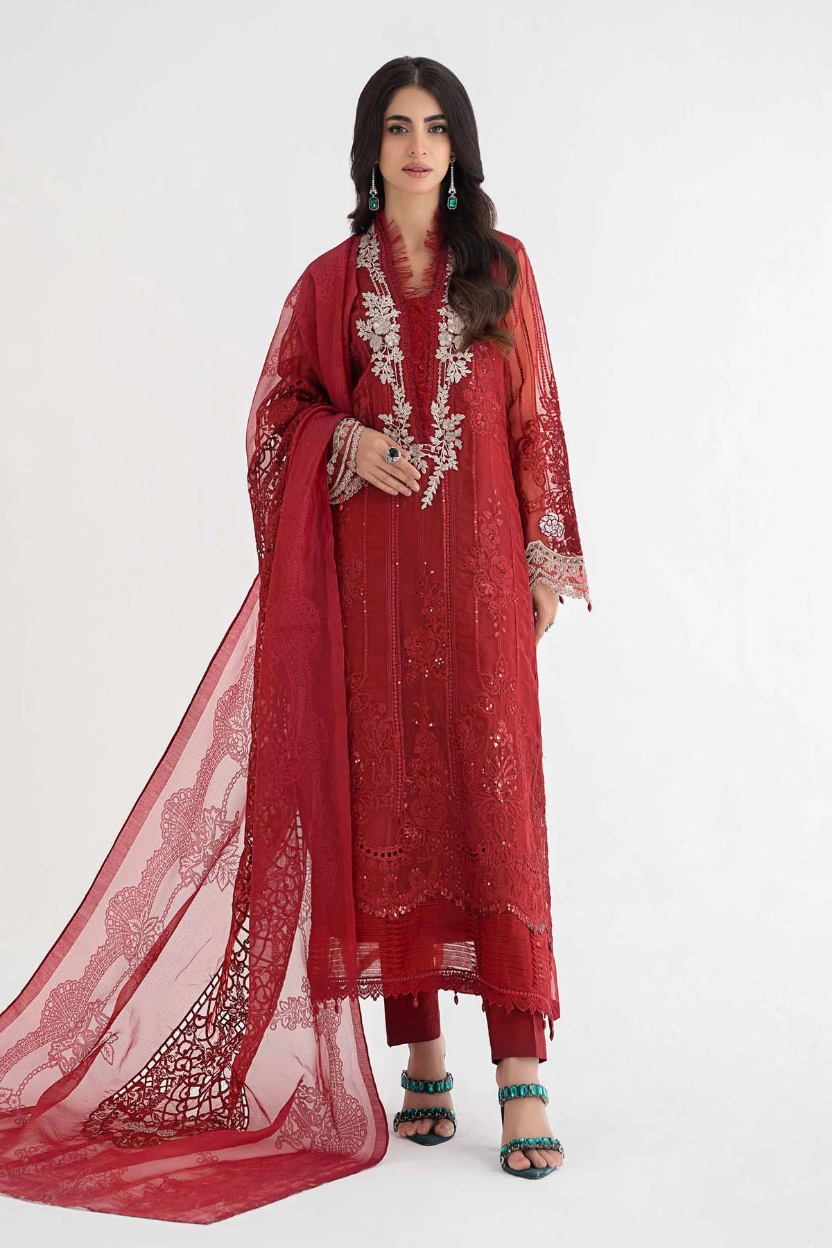Maria B Inspired Chikan Embroidered Red 3 Piece Outfit With Net Dupatta - Desi Posh