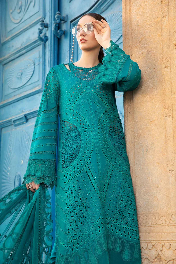 Maria B Inspired Chikan Embroidered Teal 3 Piece Outfit With Net Dupatta - Desi Posh