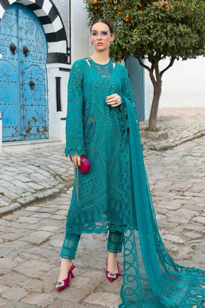 Maria B Inspired Chikan Embroidered Teal 3 Piece Outfit With Net Dupatta - Desi Posh