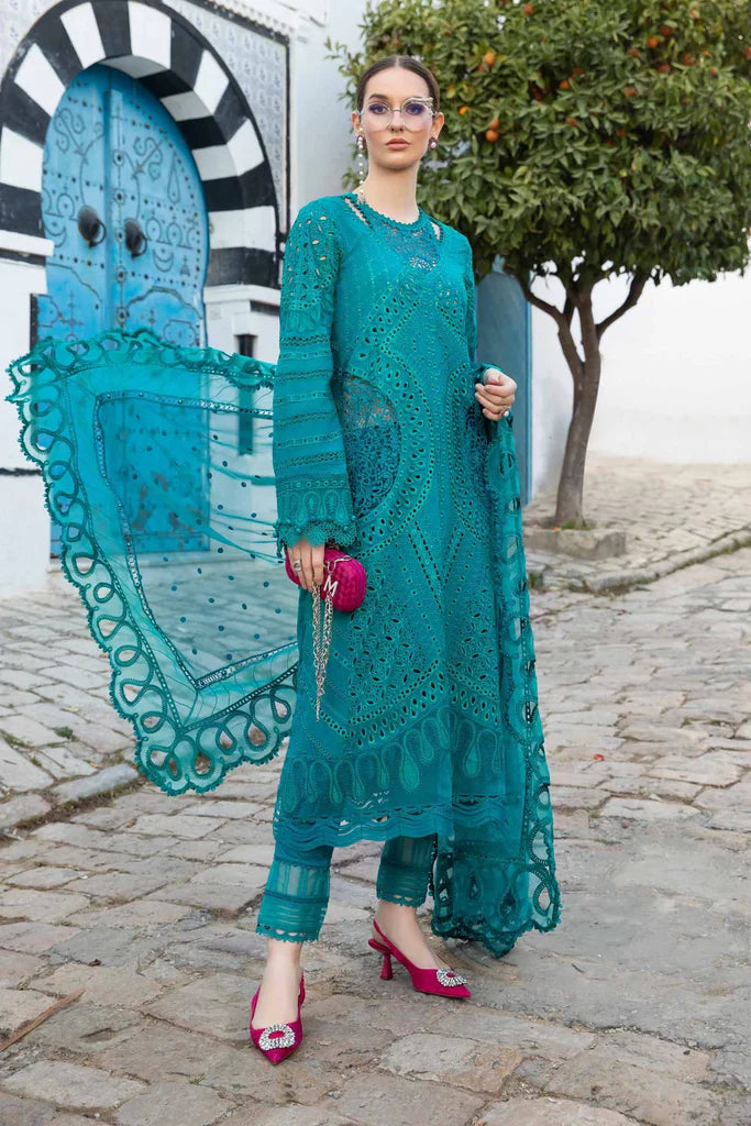 Maria B Inspired Chikan Embroidered Teal 3 Piece Outfit With Net Dupatta - Desi Posh