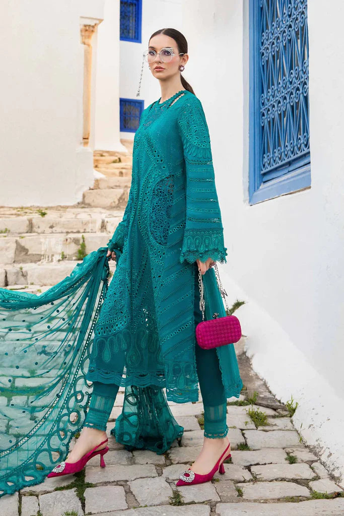 Maria B Inspired Chikan Embroidered Teal 3 Piece Outfit With Net Dupatta - Desi Posh