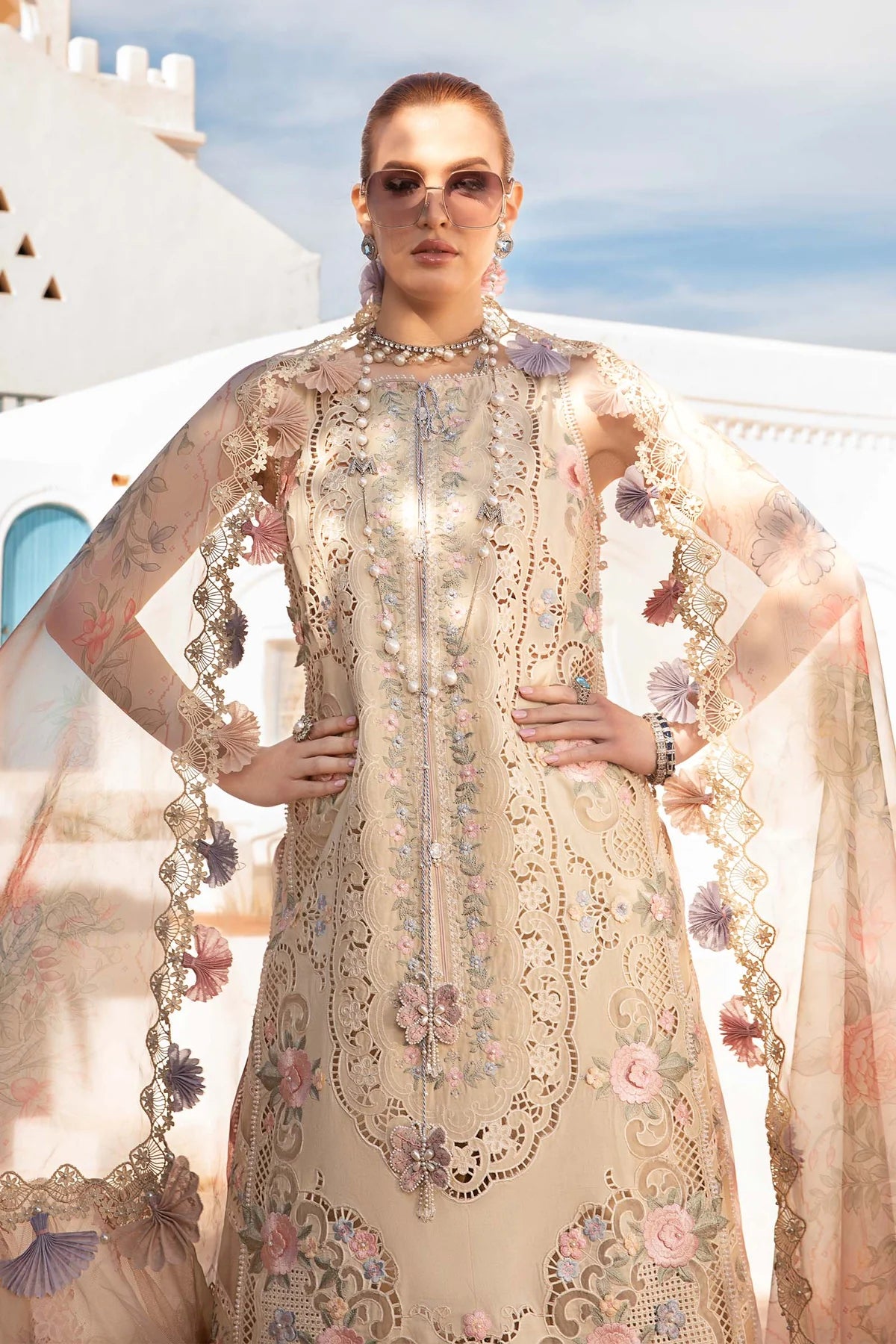 Maria B Inspired Chikan Embroidered D2406 3 Piece Gharara Outfit With Full Sleeves