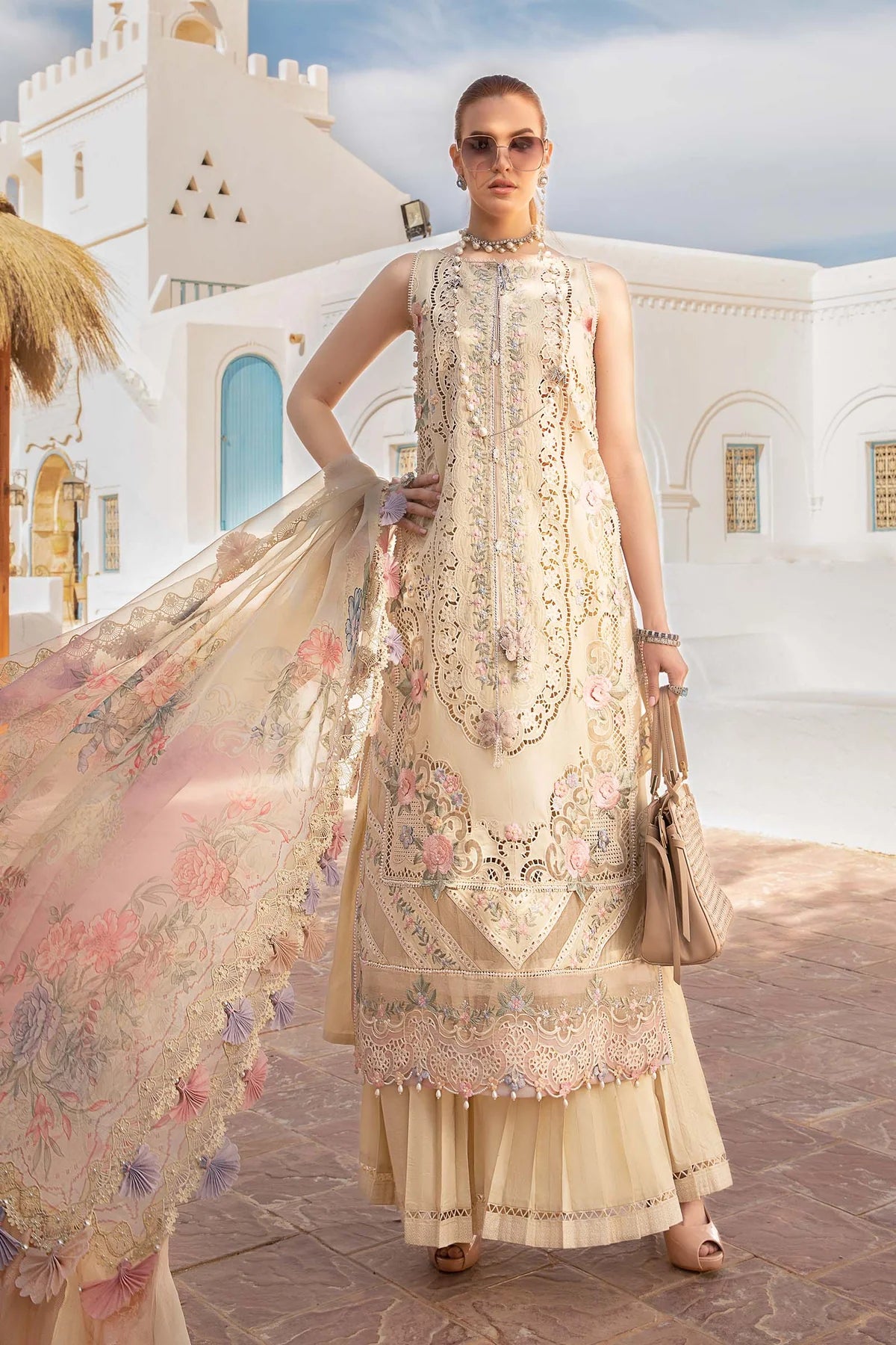 Maria B Inspired Chikan Embroidered D2406 3 Piece Gharara Outfit With Full Sleeves