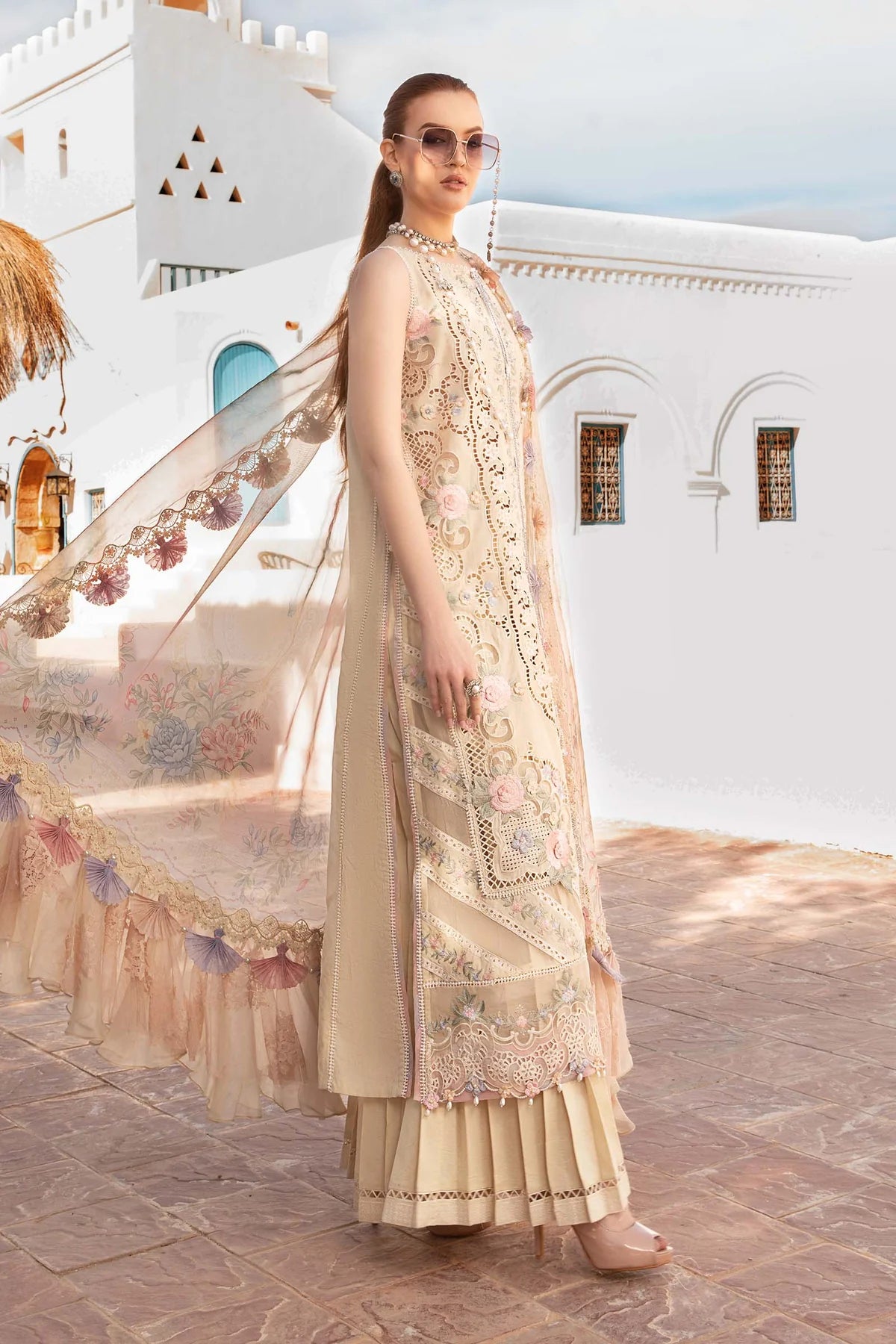 Maria B Inspired Chikan Embroidered D2406 3 Piece Gharara Outfit With Full Sleeves