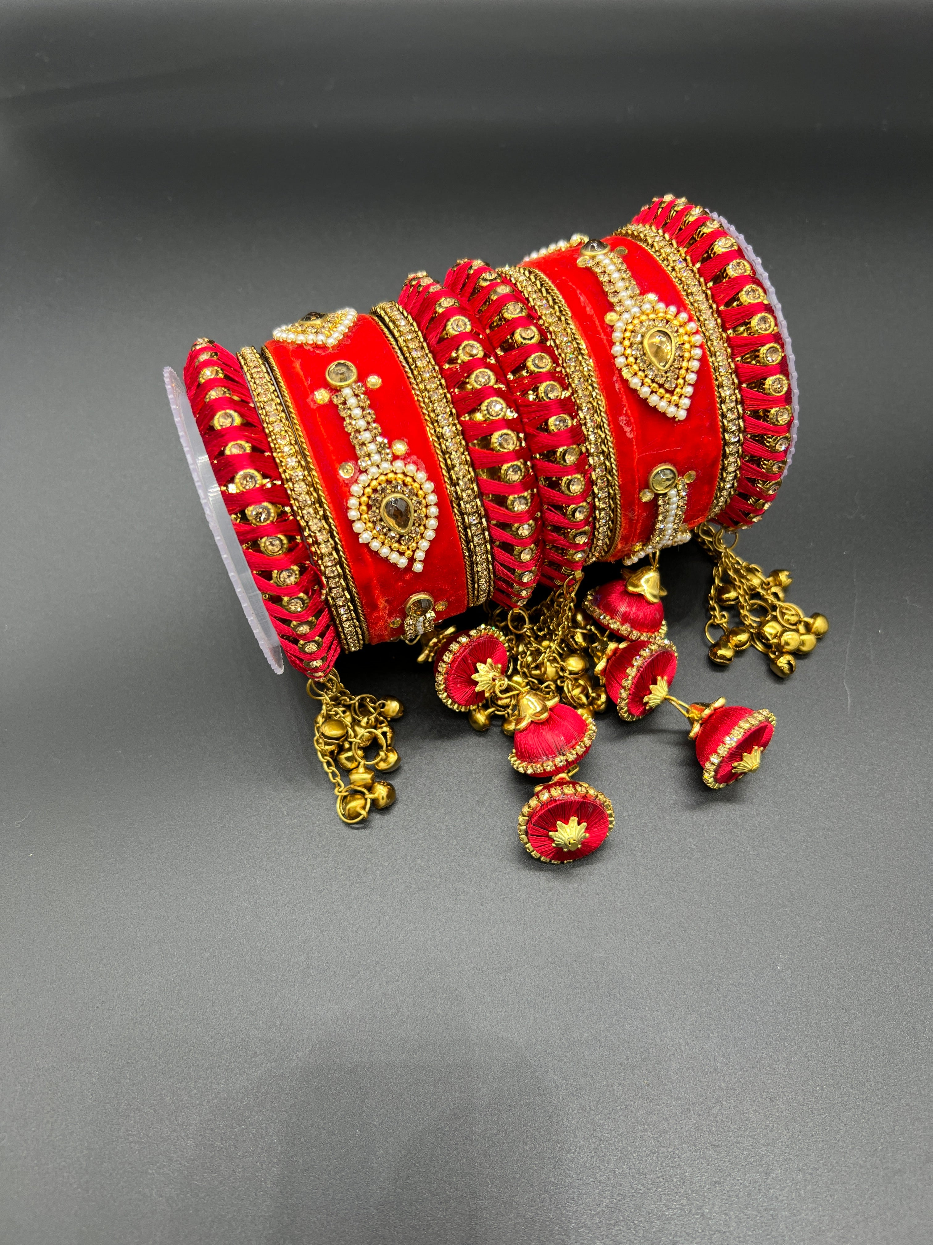 Red Thread and Gold Stone Work Bangles - Desi Posh