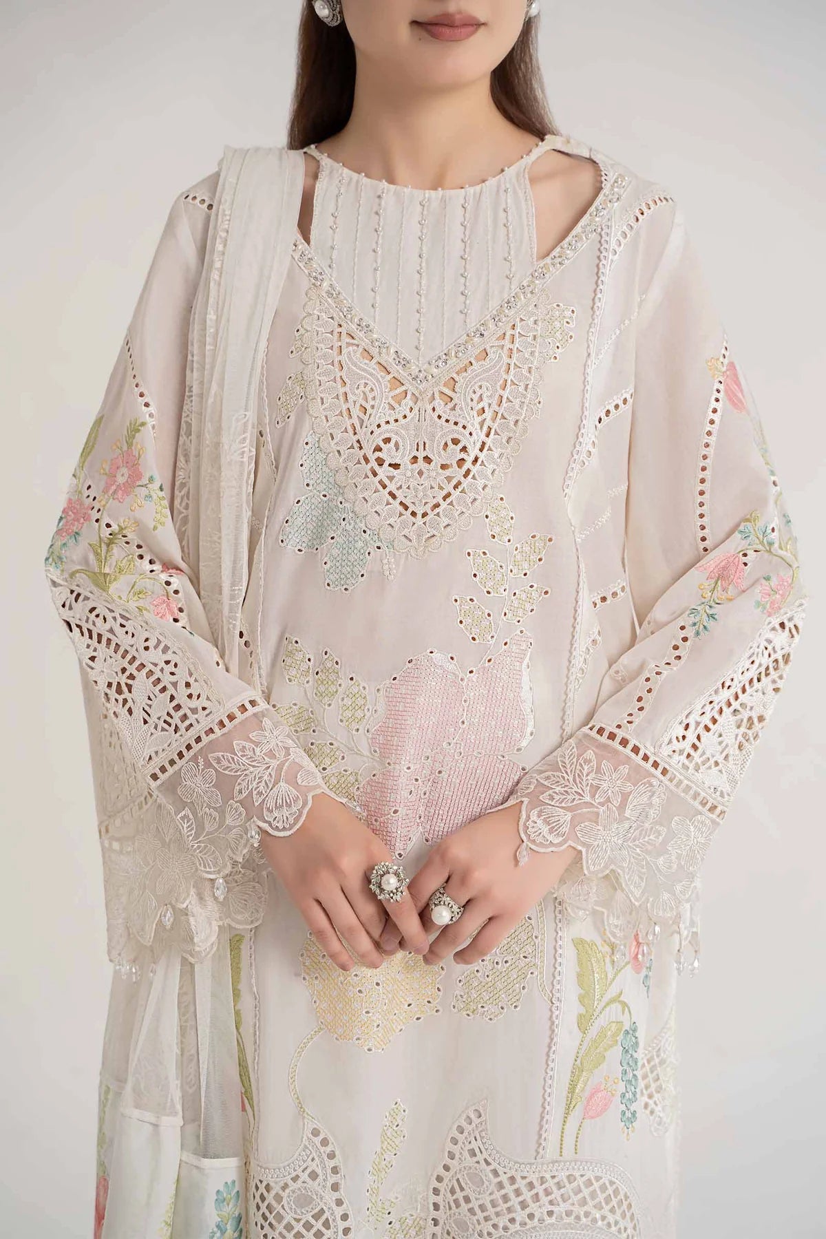 Maria B Inspired Chikan Embroidered White 3 Piece Outfit With Full Sleeves - Desi Posh