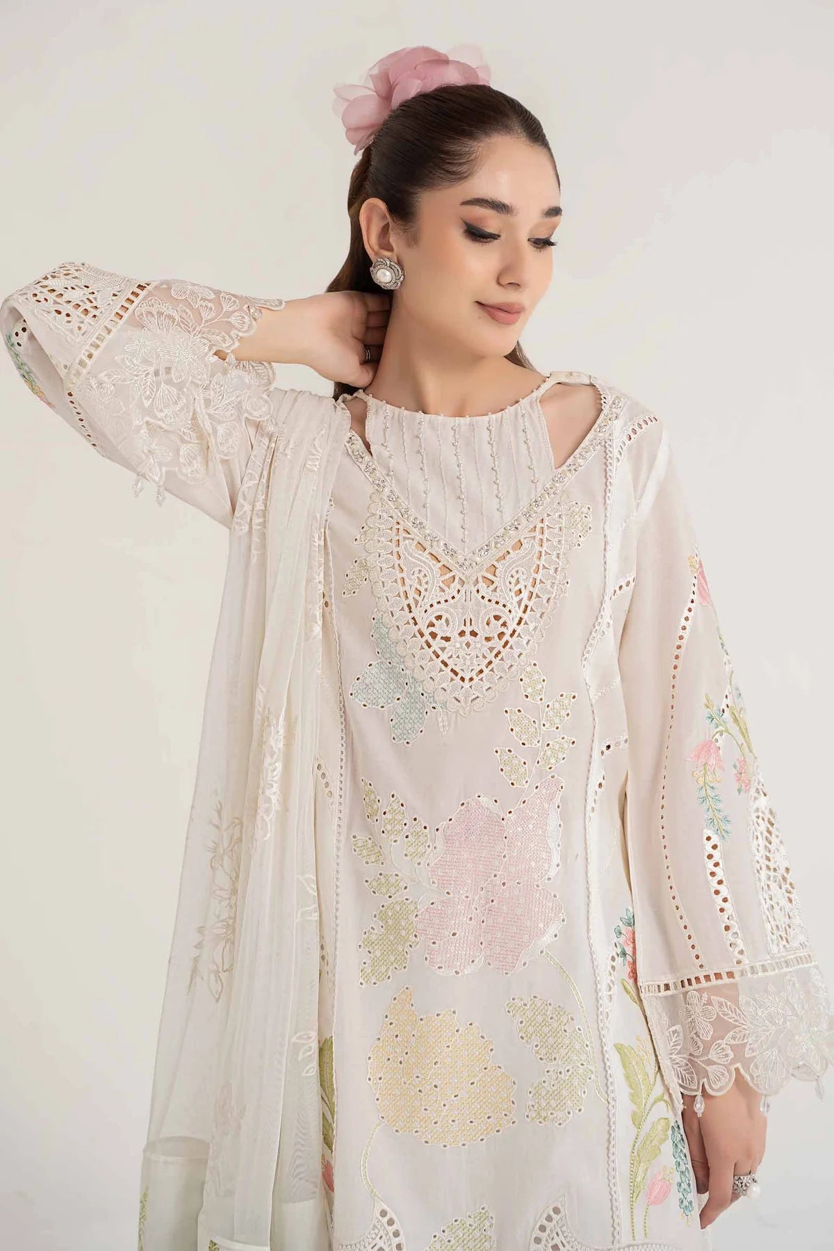 Maria B Inspired Chikan Embroidered White 3 Piece Outfit With Full Sleeves - Desi Posh