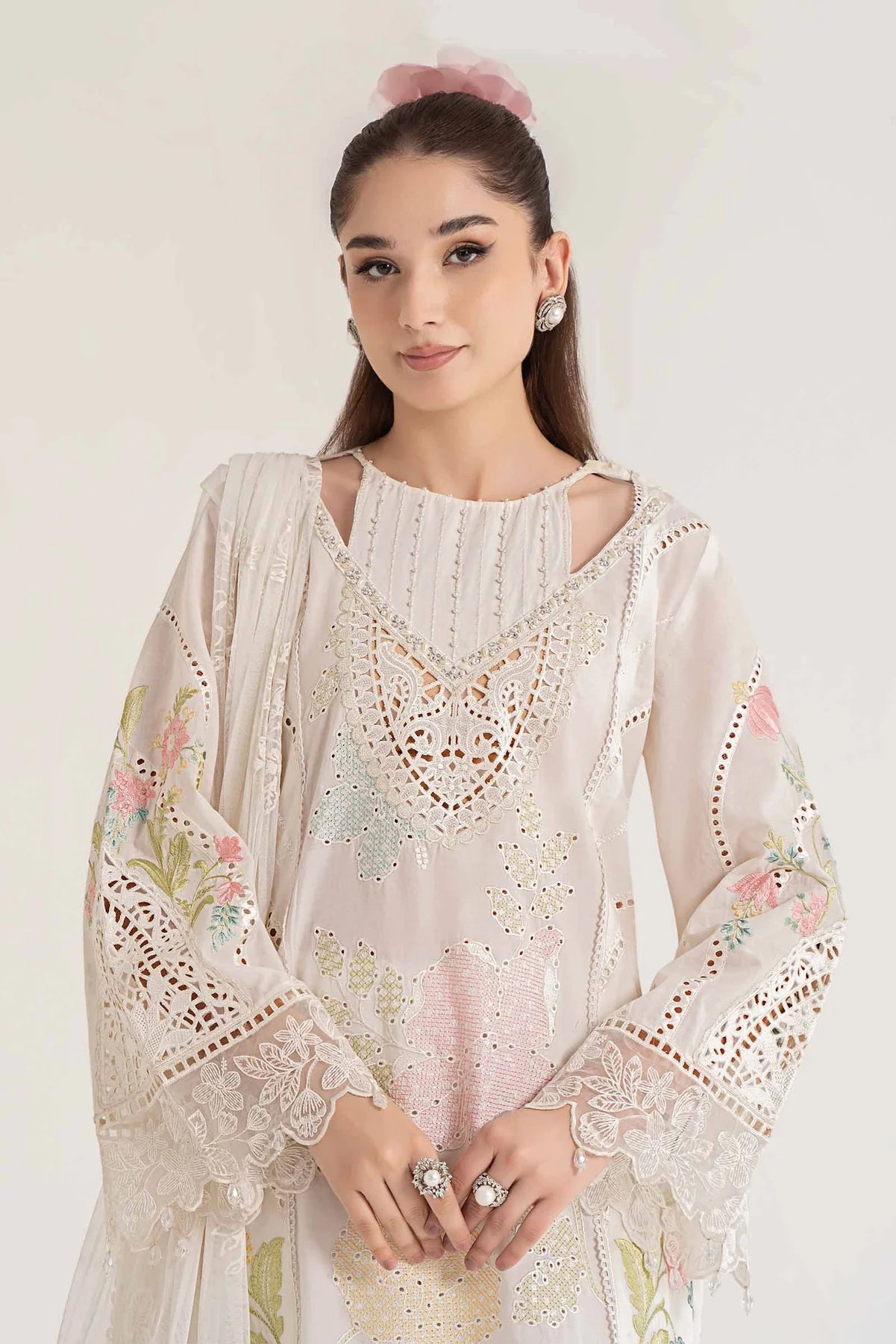 Maria B Inspired Chikan Embroidered White 3 Piece Outfit With Full Sleeves - Desi Posh
