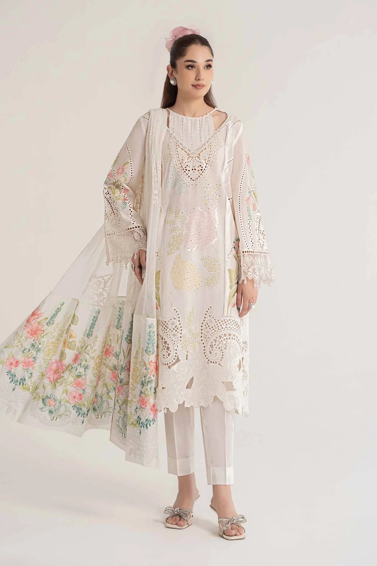 Maria B Inspired Chikan Embroidered White 3 Piece Outfit With Full Sleeves