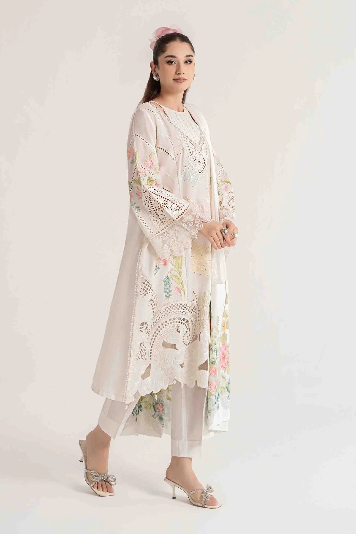 Maria B Inspired Chikan Embroidered White 3 Piece Outfit With Full Sleeves - Desi Posh