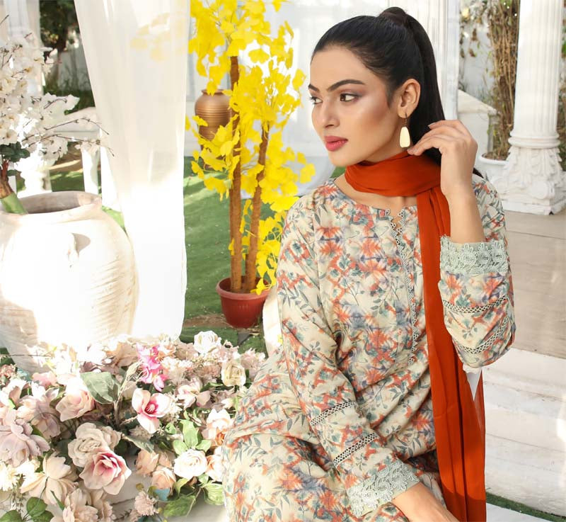 Desi Posh Floral Printed 3 Piece Dhanak Linen suit Skin - Desi Posh