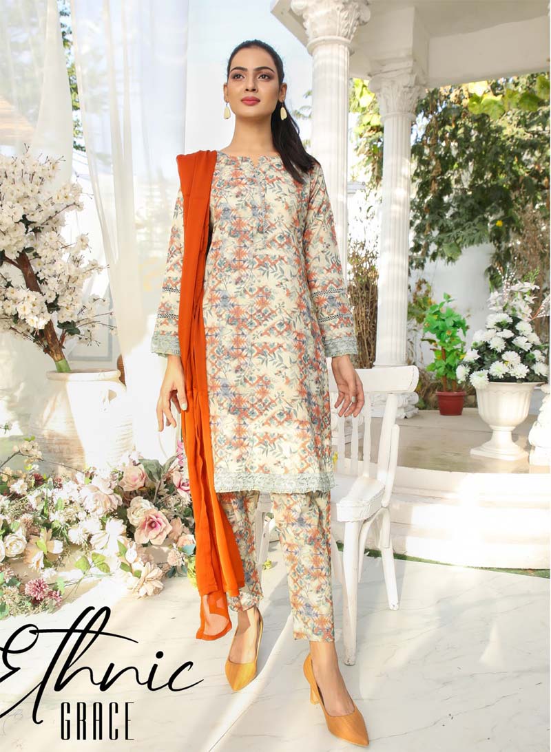 Desi Posh Floral Printed 3 Piece Dhanak Linen suit Skin - Desi Posh