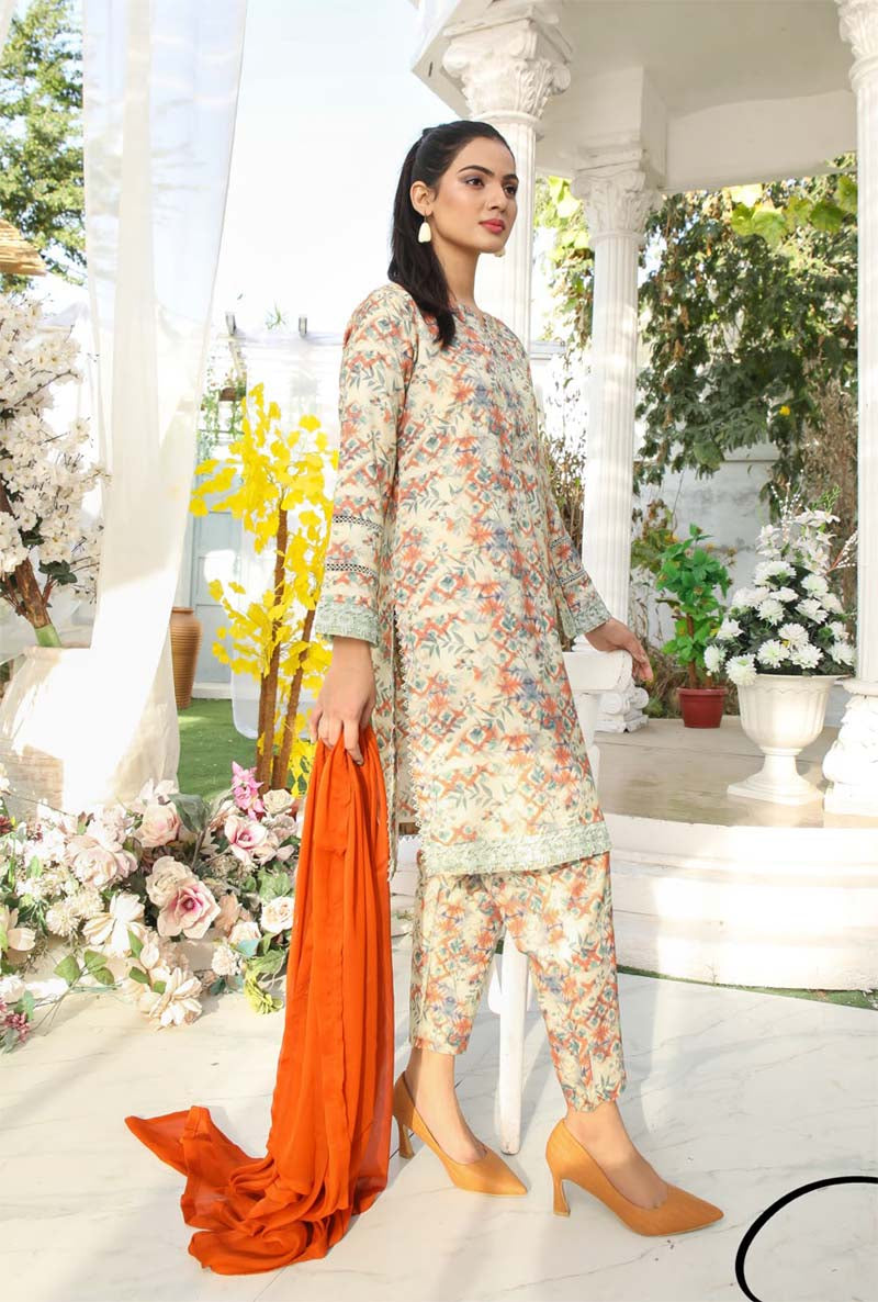 Desi Posh Floral Printed 3 Piece Dhanak Linen suit Skin - Desi Posh
