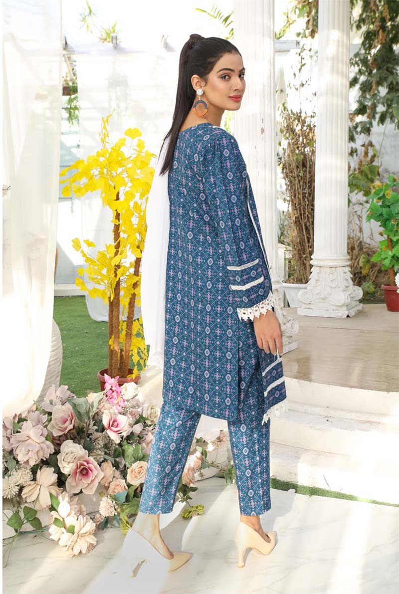 Desi Posh Floral Printed 3 Piece Dhanak Linen suit Blue - Desi Posh