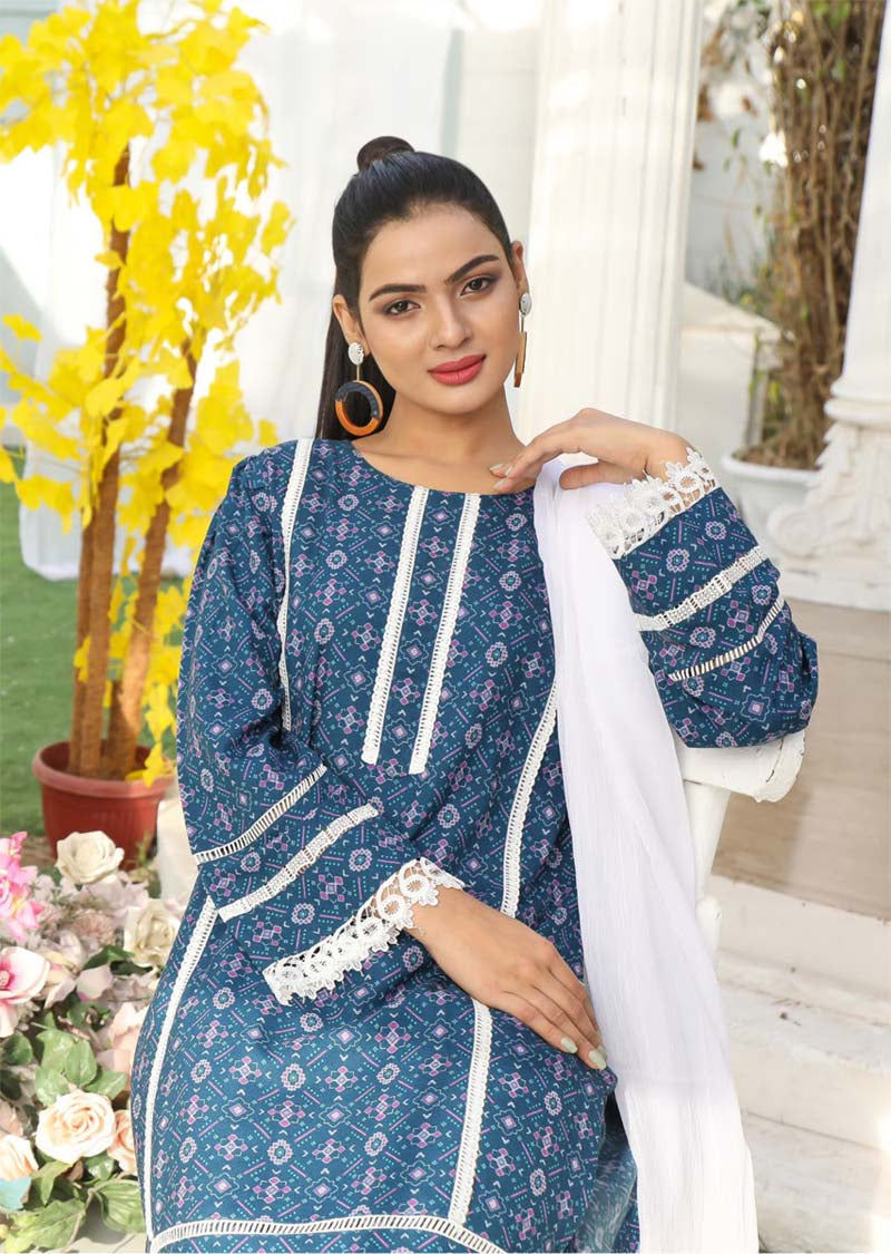 Desi Posh Floral Printed 3 Piece Dhanak Linen suit Blue - Desi Posh