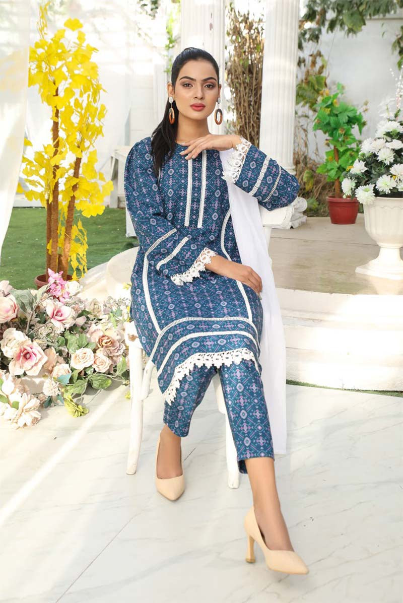Desi Posh Floral Printed 3 Piece Dhanak Linen suit Blue - Desi Posh