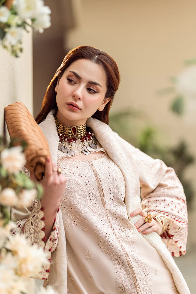 Qalamkar Sahil Inspired Eid Collection 3 Piece Outfit With Net Dupatta FK16 Anaya - Desi Posh